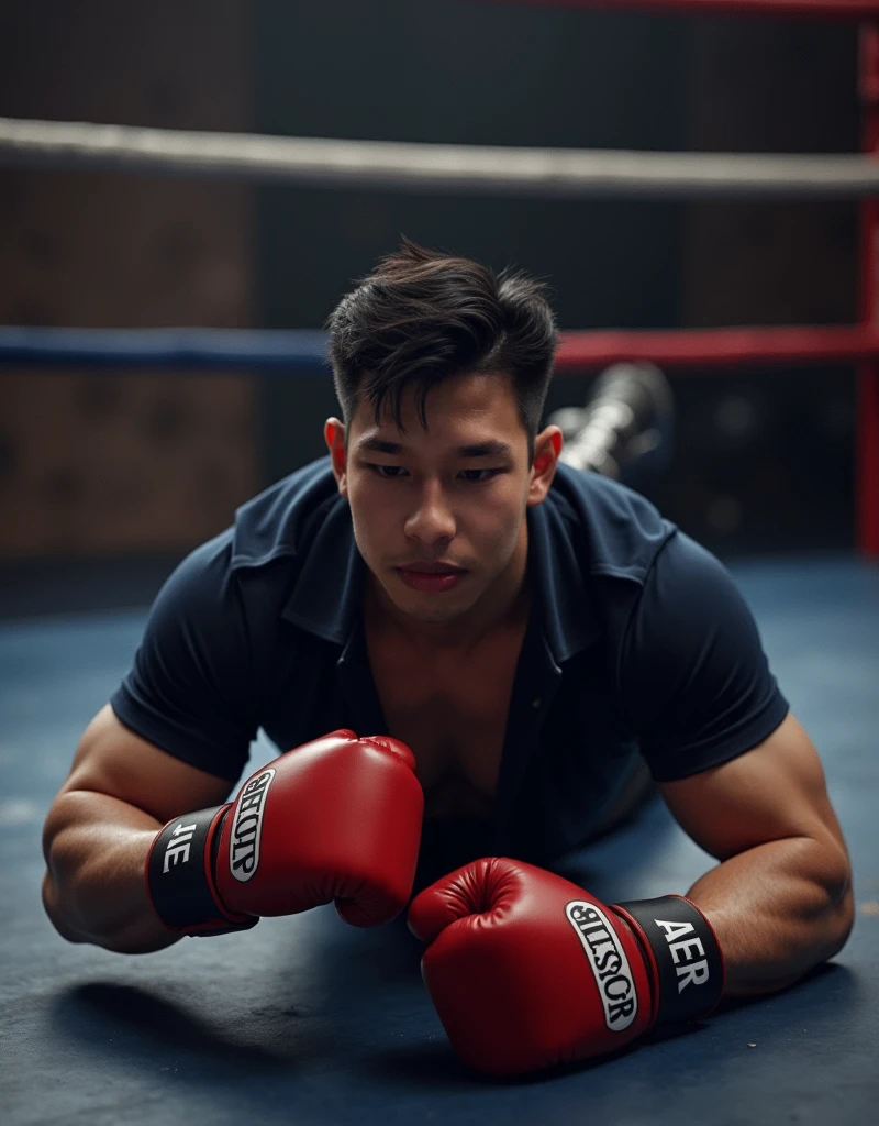 Asian people(Korea,Vietnamese,Chinese,Japan), 20 years old, Handsome and elegant,no beard, Wear a transparent shirt., sexy , Masculine and handsome，Have muscles，The muscles look good., Have fair skin.,, full body photo,(Very detailed, realistic, best quality, 4K, 8ก, height, Masterpiece:1.3), charming  , (The body builds muscle), wearing red Muay Thai shorts, With the top button that undoes accidentally, sweat, Not wearing a shirt, Dirty face ,tight chest, sex, Erotic, Horny,  accessories include red boxing gloves , In the boxing ring,look at viewer,muscle veins, sexy posing,lying on the floor,top view,ร่างกายชุ่มsweatเผยกล้ามเนื้อ,no underwear,Smiling brightly