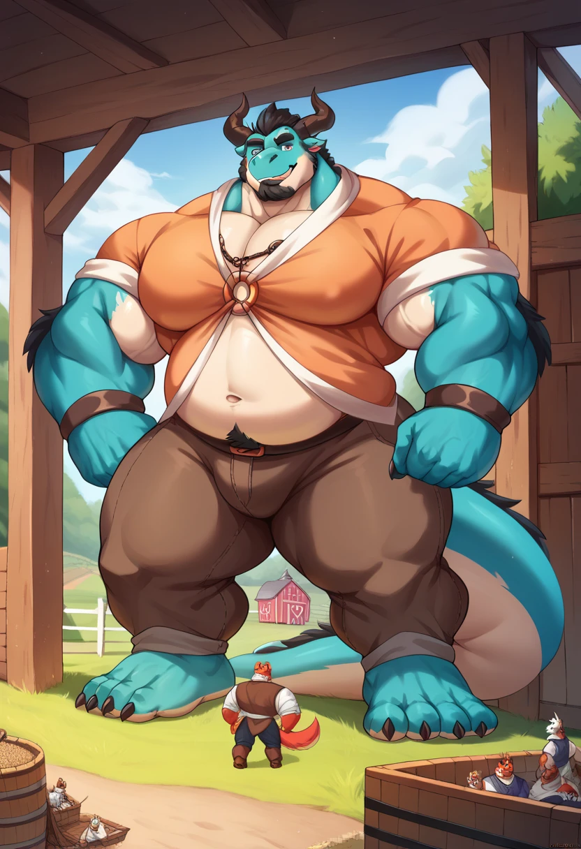 Scribble dragon face,furry(dragon),chubby, big strong muscle( black eyebrows :1.1),(perfect eyes),turquoise fur，Wears medieval farmer clothes,（artist:takemoto arashi)，paw，（ Black big Lumberjackbeard :1.3），（ medieval farmer clothes :1.4) ,(Massiv:3.0, ( heavyweight ,strong,Macro, Emphasize the massive large size )), background (( medieval farmhouse, medieval farm, medieval farmland, the crack in the street)), massive gigantic macro size Giant hyper Dragon, big large hyper muscle, gentle and friendly looking giant dragon, on his shoulder is his little adopted son, giant dragon Fahrer tiny Son duo 