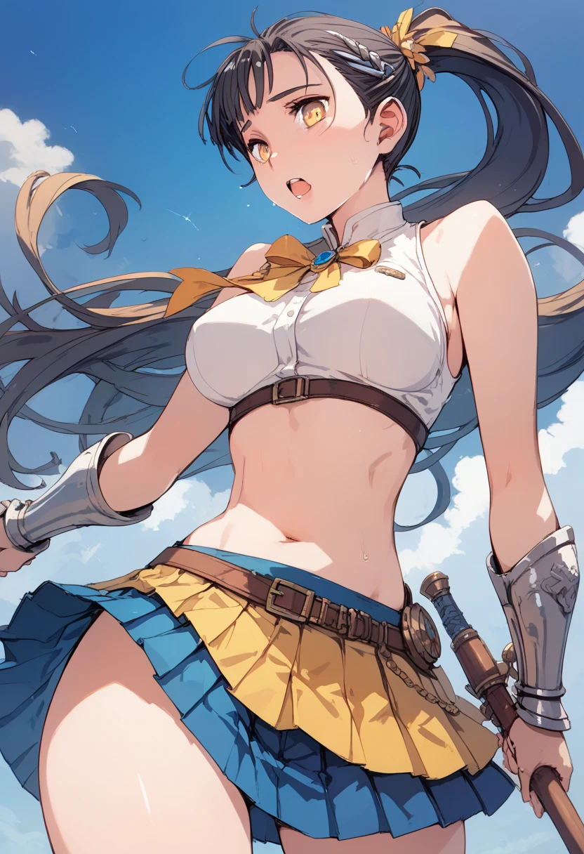 masterpiece, best quality, very aesthetic, absurdres, floating hair, floating clothes, Epic and grandiose scenes,,kanu_unchou(ikkitousen),antenna_hair, black_hair, blue_eyes, blue_sailor_collar, blue_skirt, breasts, closed_mouth, crop_top, cropped_shirt, fingerless_gloves, gloves, hair_over_one_eye, large_breasts, long_hair, low-tied_long_hair, midriff, miniskirt, navel, red_gloves, ribbon, sailor_collar, skirt, solo,tan, underboob, weapon, yellow_ribbon,,in the canyon