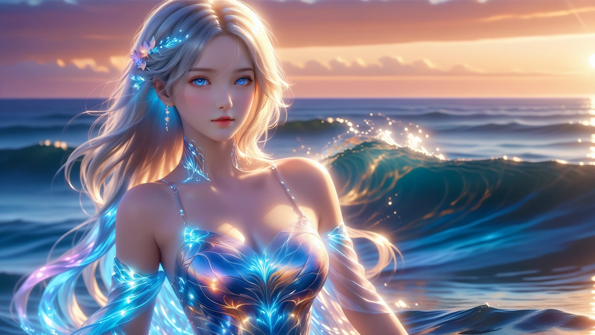 A Masterpiece In 32K Resolution, Supreme Quality, Super Detail, Official Art, Cinematic Lighting, Beautiful And Aesthetic, Ultra-Detailed Features, Very High-Resolution 32K Wallpaper. A Mesmerizing Girl With Blue Eyes, Highlighting Her Ample Breasts And Silver Hair Set Against A Vibrant Sunset Over The Ocean, Creating A Serene Atmosphere. Her Swaying Gently With The Sea Breeze, Surrounded By Gentle Waves. Behind Her, There’s A Shimmering Reflection Effect On The Water, Enhancing The Tranquil Dreamlike Quality Of The Scene. The Artwork Is Inspired By The Photographic Style Of Annie Leibovitz, Capturing A Peaceful Evening Filled With Soft Hues. The Composition Features High Dynamic Range HDR Lighting, With Global Illumination Casting Warm Pastel Colors Throughout. The Painting Showcases Soft Colors Reminiscent Of Impressionism, Utilizing Fluid Brushstrokes To Create Depth. Emphasize Anatomical Accuracy And Smooth Skin In A High-Resolution Masterpiece That Radiates A Sense Of Calm.