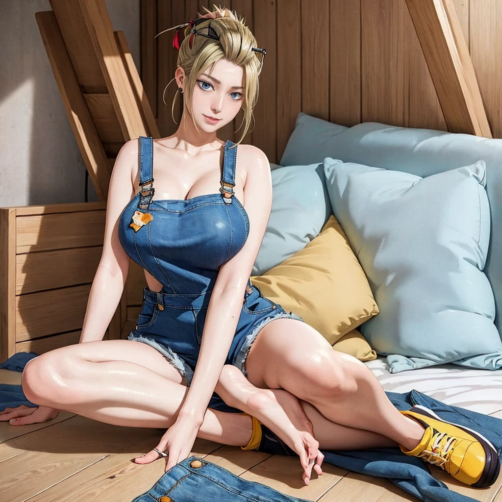 ((((masterpiece, best quality, high resolution)))), full body, Extremely detailed 8K, tsukuyo from gintama, Beautiful girl with voluptuous body, (Ultra HD, Ultra-detailed, Highly detailed, Highly realistic, Ultra-realistic, photograph realistic), (1girl:1.5), (Realistic blonde hair), (long wavy ponytail hair, earrings), (dynamic poses), facing at camera, looking at viewer, (blushing red, embarrassed, smile), (purple eyes, sharp eyes), (huge perky breasts:1.3), (beautiful detailed face, beautiful detailed eyes), (yellow t-shirt), ((blue denim short overalls )) yellow sports sneakers, (sitting on the floor), sweat, glow, (sunbeam, sunlight), ((cowboy shot)), seductive, tall, beautiful delicate legs, accurate human anatomy, feminine body, at a bedroom