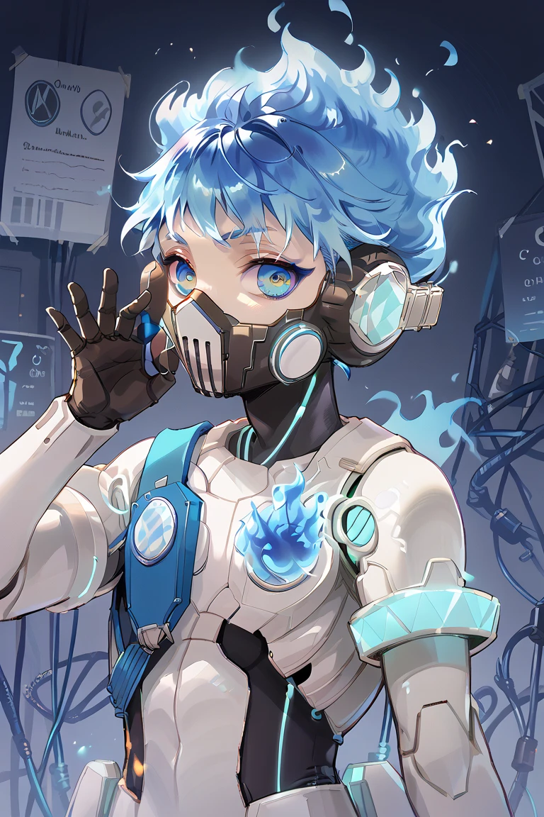 One,  male focus,  1 boy , orthoshroud, respirator,  looks at the viewer, fiery hair, blue fire,  headphones, respirator, mechanical parts,   robot joints   