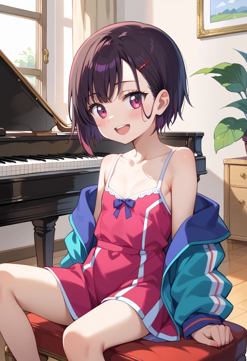 (( top quality )), ((masterpiece)), (be familiar with),  perfect face, indoor, bedroom,  Watching Viewers ,
One woman, Mikazuki Kan,
 open mouth,  ecstatic expression beside the piano, blush, smile,
 small ,  flat chest, Young girl, Lori,  kids,  girl,
Short Hair,  Shorthair,
Leg spread,