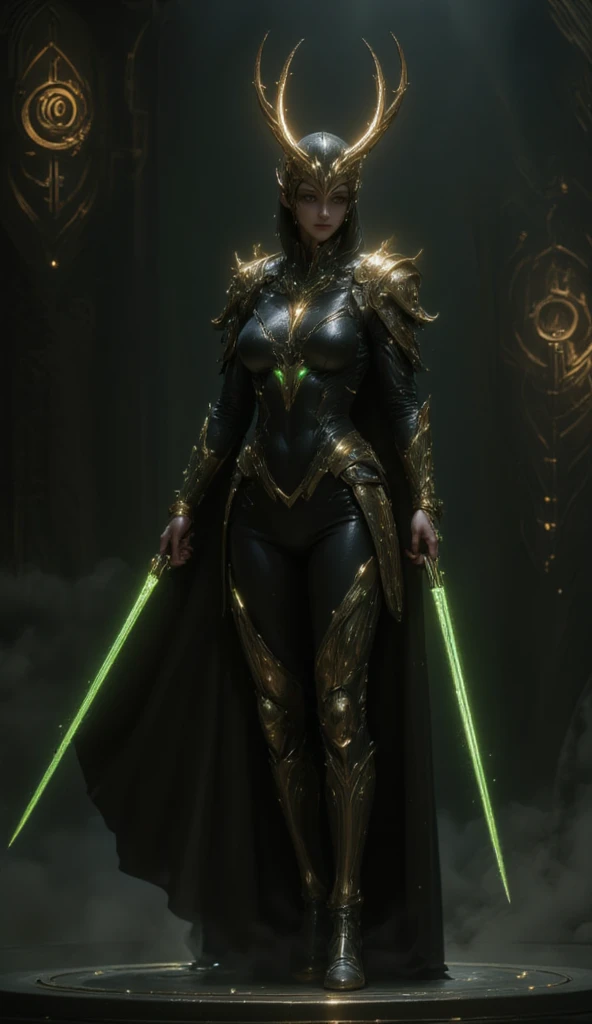 Man in technological clothing with green laser sword in hand
