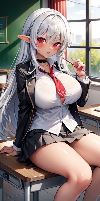 (masterpiece: 1.2,  top quality ), 1. Lady, Alone, silber hair,Long-haired,  red eyes,  dark skin , tan,Brown Skin,Elvish、 choker , Silver Accessory , outside, blazer, pleated skirt,,breast fissures , candy , shirt,‎Classroom,Sit on a desk,Leg spread,Panty flashing,Big Breasts,,,,,,