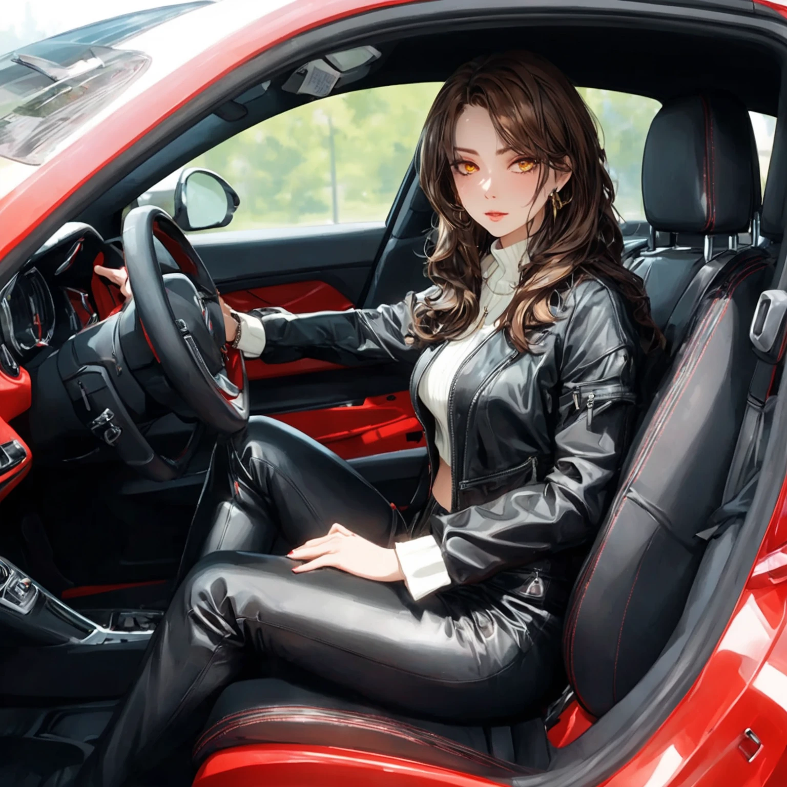 A digital illustration depicts an anime-style scene of a young woman seated in the driver's seat of a vibrant red sports car with black interior accents featuring red stitching along the seats, door panels, and center console. The car's sleek design is highlighted by natural daylight streaming through the windows, creating subtle reflections on the glossy surfaces and casting soft shadows. The woman has wavy brown hair styled in loose curls that fall over her shoulders, adorned with small gold hoop earrings. She has striking golden yellow eyes with intricate black detailing around them, complemented by fair skin and a subtle blush on her cheeks. Her expression is calm and focused as she looks directly at the viewer. She wears a glossy black leather jacket with multiple zippers, including one on the upper right arm area, and silver zippers on the sleeves. The jacket features a high collar and partially reveals a white ribbed knit turtleneck underneath, which peeks out at the neck and cuffs. Her outfit also includes shiny black leather pants with visible seams and creases, emphasizing their smooth texture. A small red emblem is visible near the waistline of her outfit. The woman's right hand grips the steering wheel, which has black vinyl with red accents and chrome highlights. Her left hand rests on her thigh, displaying a delicate bracelet on her wrist. The car's interior showcases a modern dashboard with circular gauges, climate controls, and a central infotainment screen. The passenger side mirror and sun visor are visible above the windshield, bearing printed text reading 'MADE IN JAPAN' in small white letters. Through the open window, blurred greenery can be seen, suggesting an outdoor setting. The overall mood is relaxed and confident, with balanced lighting enhancing the details of both the character and the car's luxurious interior.