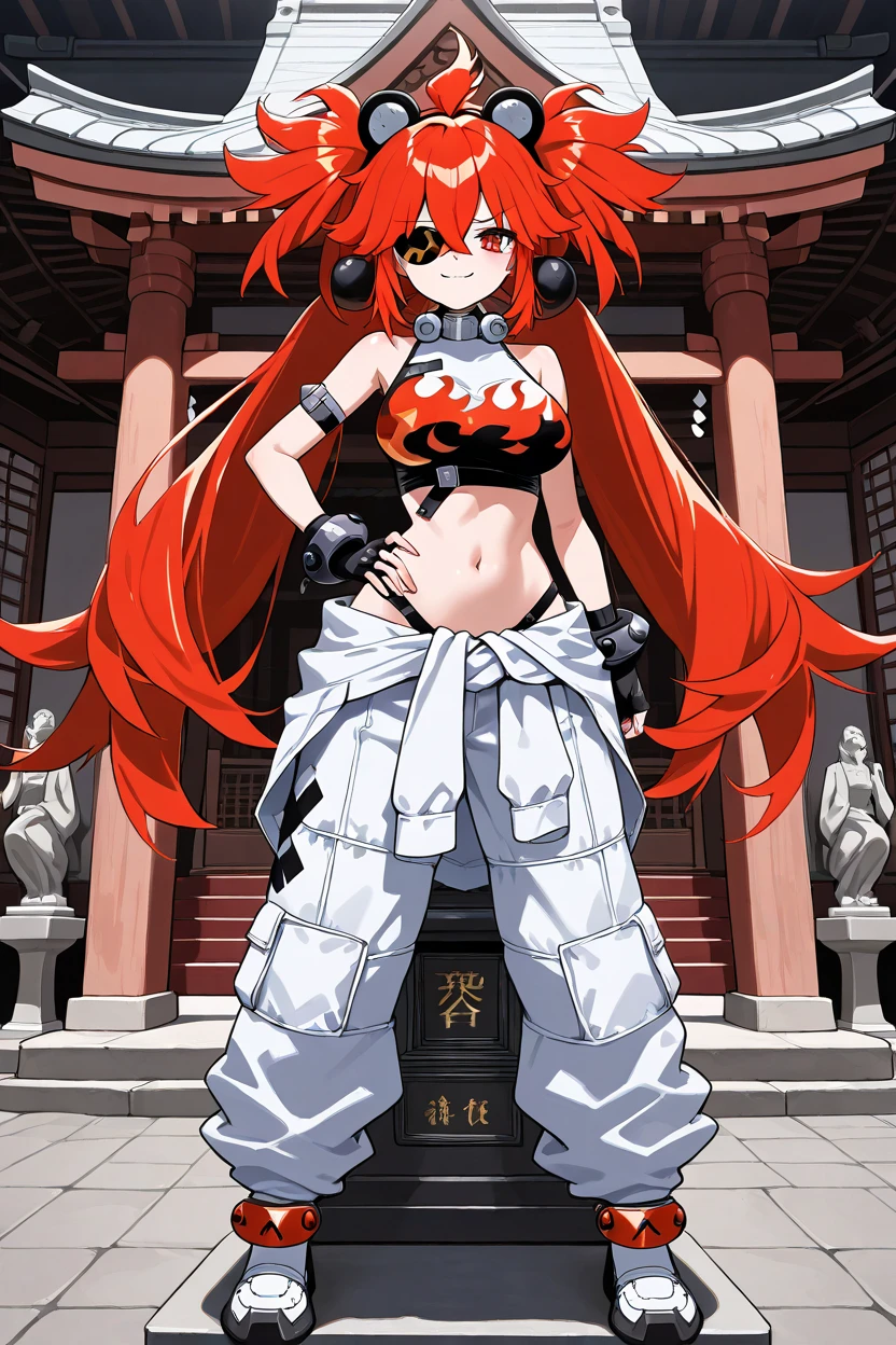 masterpiece, best quality, 1girl, solo, 21 year old model, eyelashes, (beautiful eyes),     ,,,large breasts,  koleda belobog, eyepatch, red eyes, red hair, twintails, fake animal ears, flame print, midriff, white jumpsuit, jumpsuit around waist, fingerless gloves,  cowboy shot, hand on hip, smug, smile, looking at viewer, shiny skin,full body , full body art , statue , standing on pedestal , pedestal , 1 girl , shrine , girl on pedestal