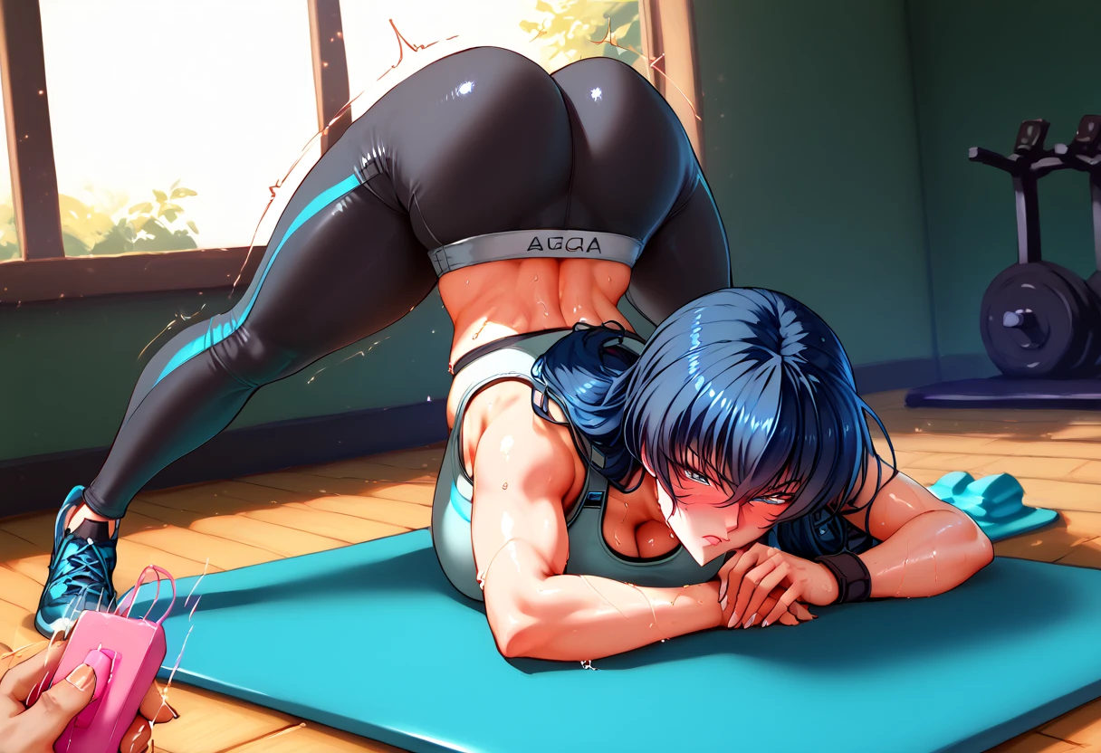 Igawa_Asagi, dark blue hair, long hair, hair between eyes, aqua eyes, large breasts,erected nipples,(yoga pants,sexy sports bra), in costly gym,perfect hands, perfect finger,perfect anatomy, masterpiece, best quality,realistic, hyperrealistic, 16k hdr,1 mature female,sweat,(red blush,angry:1.2),(yoga pose,top down bottom up:1.5),dynamic pose,(POV holding vibrator remote,motion lines:1.2),(from side:1.2)