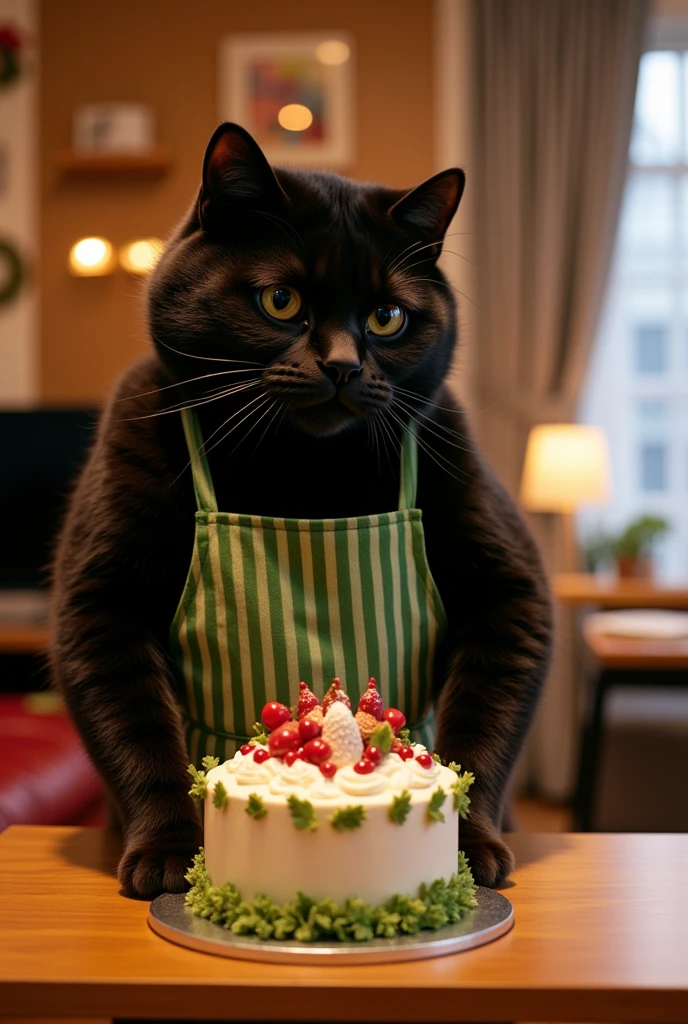 ultra-realistic, photorealistic, dramatic scene, shadow, global-illumination, (the human-like very large black chubby cat with vertical striped green apron is holding a gorgeously decorated Christmas cake at the dining table in the stylish Japanese apartment room), (A beautiful with cute Japanese 20 years old girl is looking at the cake), (20 years old girl with shoulder-length brown ponytail hair is showing big smile), the girl looks so happy, a TV and table and shelf are in the room, gorgeously decorated with Christmas decorations