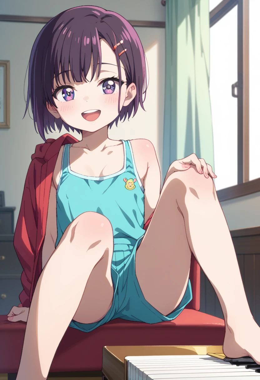 (( top quality )), ((masterpiece)), (be familiar with),  perfect face, indoor, bedroom,  Watching Viewers ,
One woman, Mikazuki Kan,
 open mouth,  ecstatic expression beside the piano, blush, smile,
 small ,  flat chest, Young girl, Lori,  kids,  girl,
Short Hair,  Shorthair,
Leg spread,