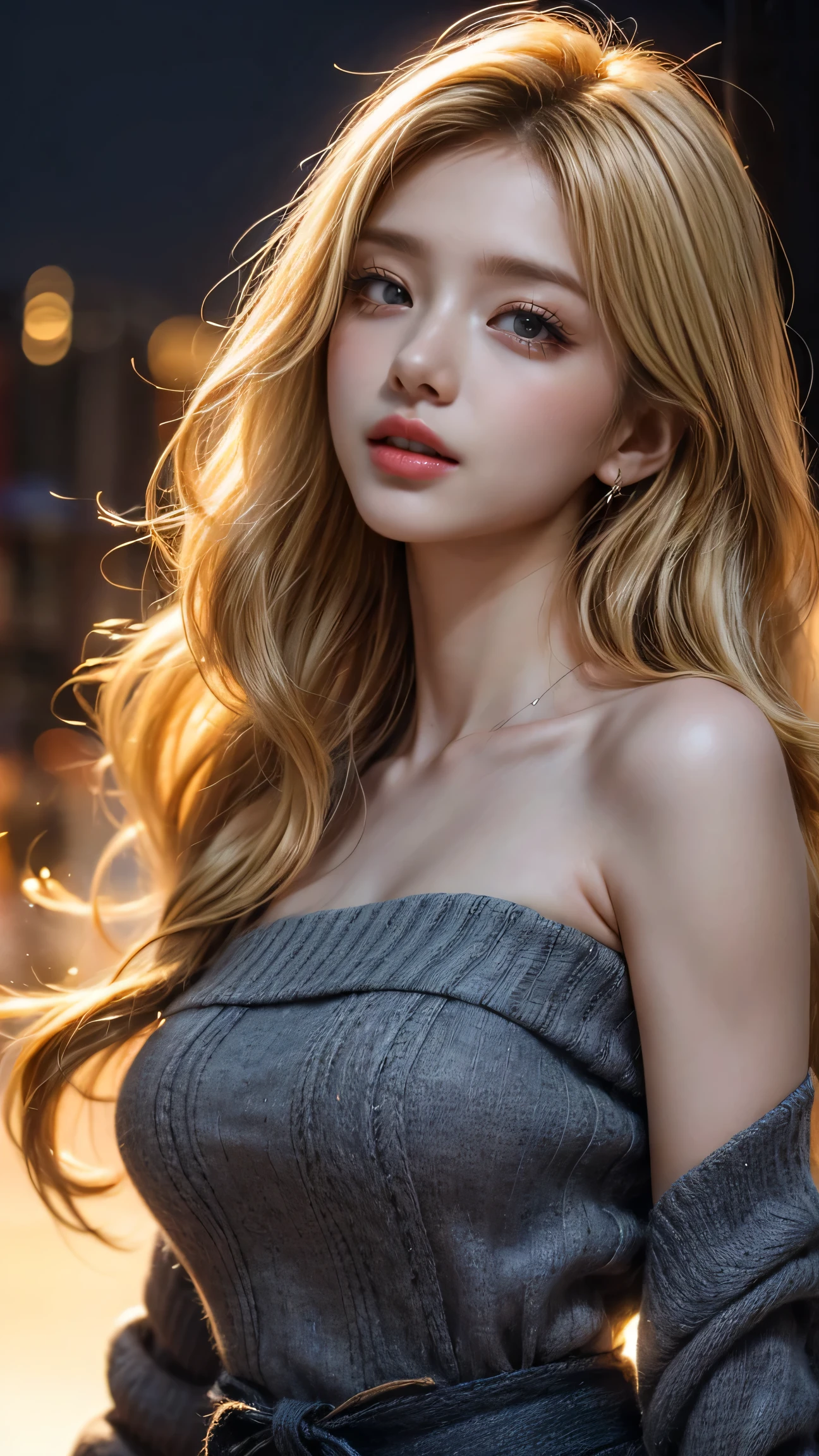 masterpiece, 8k,  Award-Winning Photos , photo realistic ,  realistic , Very  Details,  super high res, Ray Trakun, ///1 person, (off-the-shoulder knitwear),  knight , Blurred cityscape of South Korea,  most beautiful, 20 years old, ( sexy, Japanese Beauty), Look at me and smile , ( blonde hair :1.2,  cool disheveled hair ,  long wave hair :1.5), ///  Human Details Shiny Skin ,  colored contact lenses 、 Completely-valid, lipstick,  High Saturation Eye Shadow ,  details skin, Beautifully  Details face,  RAW photo, ( top quality ,  Details:1.3),  top quality , (Very  Details), Hyper  Details, (Delicate and  Details), (Complex Details), (Cinematic Light,  top quality  Backlights),  super high resの顔、 super high resの髪、 super high res sparkling eyes,  super high res glossy lips,  A beautiful face is drawn in every detail, Clear lines, from below, Alone,  soft Light,  mysterious in another dimension,  soft, Girls&#39; honest impressions, (whole body),  perfect body, huge breasts,  earrings for women with first name, ( sexy pose:1.2), (Bare Belly:1.3),((whole bodyアングル:1.7)),( high leg panties)