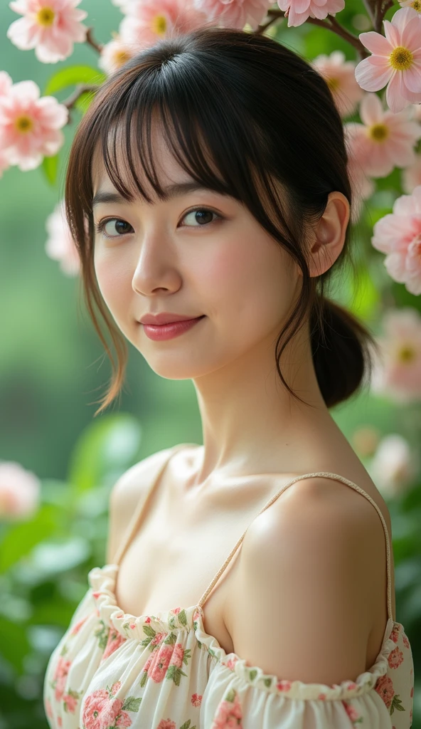 In a lush indoor garden、A Japanese woman is wearing a floral sheer top、 close-up with breasts and soft flowers in the background、 creates harmony between nature and beauty。