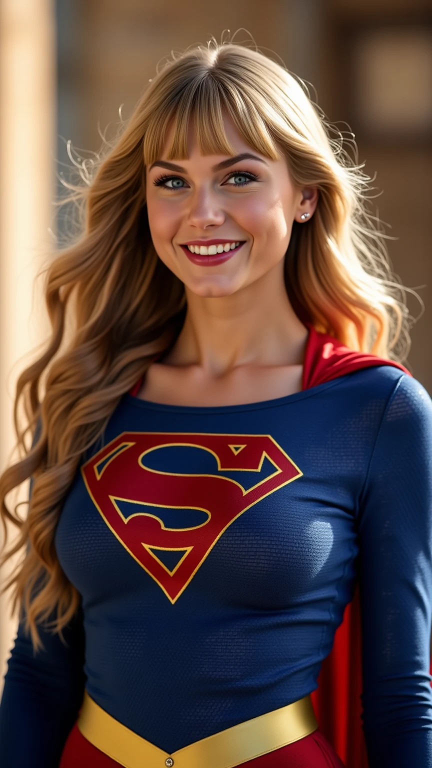 1girl, supergirl, High Resolution, Breasts, Blush, BLONDE, long Hair, Bangs, Solo, Long Hair, Looking at viewer, Smile, Open Mouth, Blue eyes, Backlighting, Film Grain, Bokeh, cinematic, 4k, HD