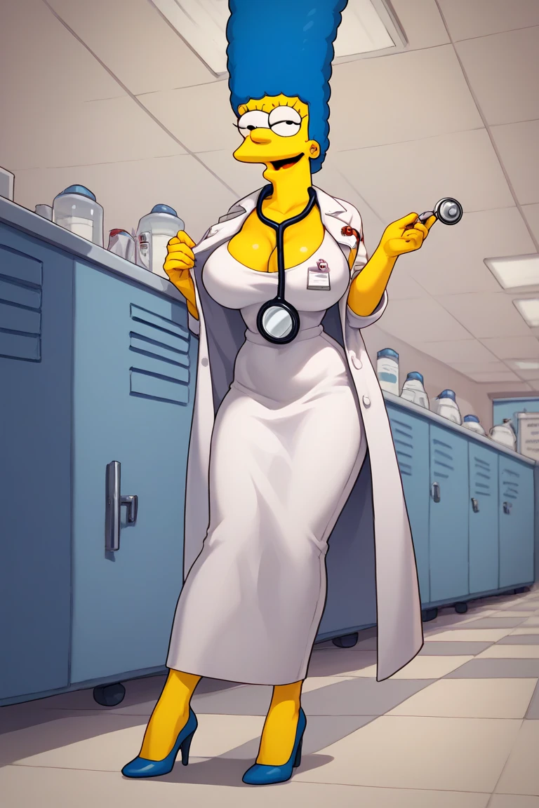 Marge Simpson very beautiful smiling with a super sexy body ((big breasts)) with A female doctor in a seductive uniform consisting of a short, tight white coat, worn open to reveal a fitted blouse or top underneath. She is wearing a tight skirt or tight pants, paired with high heels, and has a stethoscope hanging around her neck. The scene is set in a medical consultation room, with medical equipment and a stretcher in the background, creating an atmosphere that highlights the combination of professionalism and sensuality in the outfit.