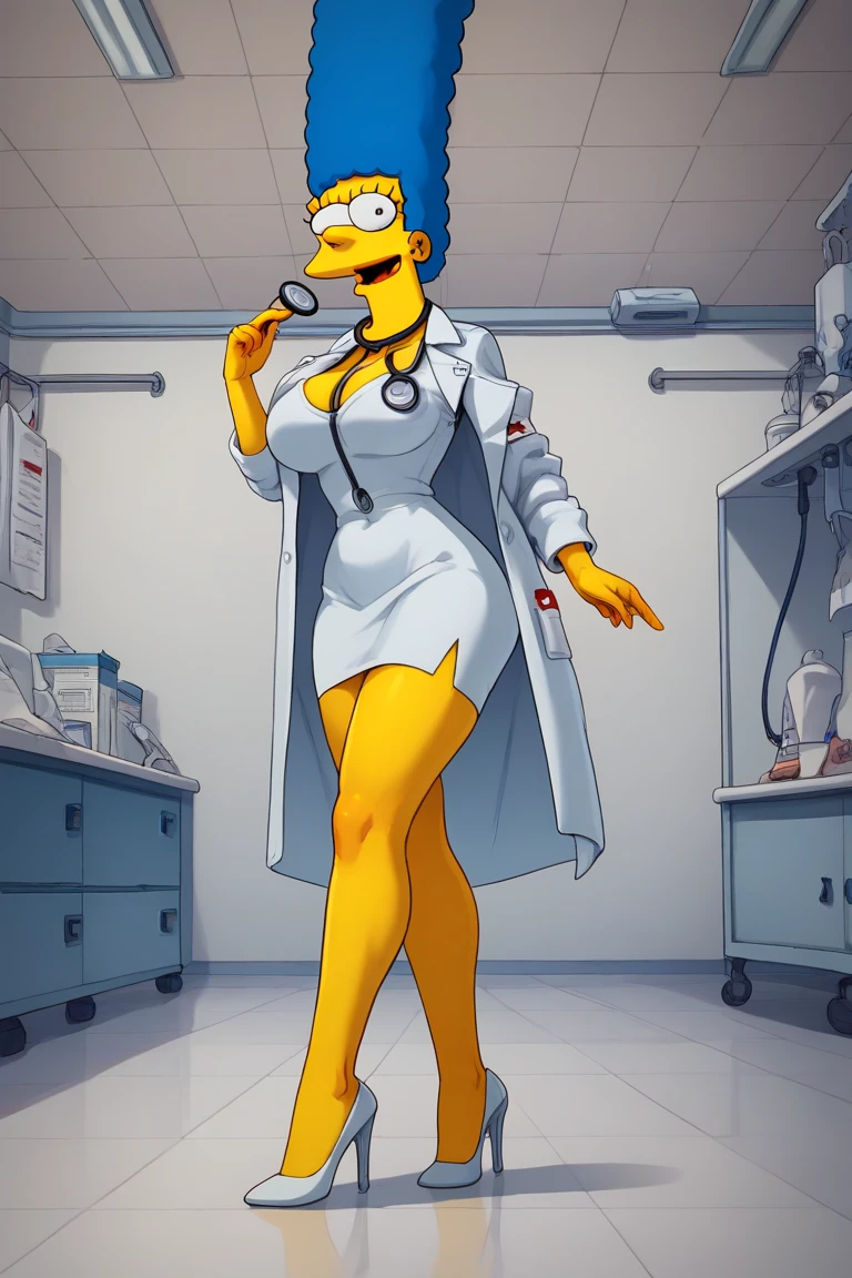 Marge Simpson very beautiful smiling with a super sexy body ((big breasts)) with A female doctor in a seductive uniform consisting of a short, tight white coat, worn open to reveal a fitted blouse or top underneath. She is wearing a tight skirt or tight pants, paired with high heels, and has a stethoscope hanging around her neck. The scene is set in a medical consultation room, with medical equipment and a stretcher in the background, creating an atmosphere that highlights the combination of professionalism and sensuality in the outfit.