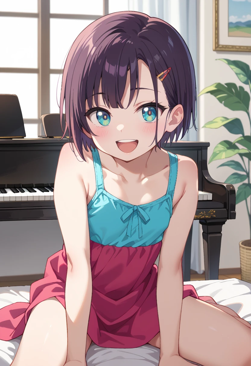 (( top quality )), ((masterpiece)), (be familiar with),  perfect face, indoor, bedroom,  Watching Viewers ,
One woman, Mikazuki Kan,
 open mouth,  ecstatic expression beside the piano, blush, smile,
 small ,  flat chest, Young girl, Lori,  kids,  girl,
Short Hair,  Shorthair,
Leg spread,