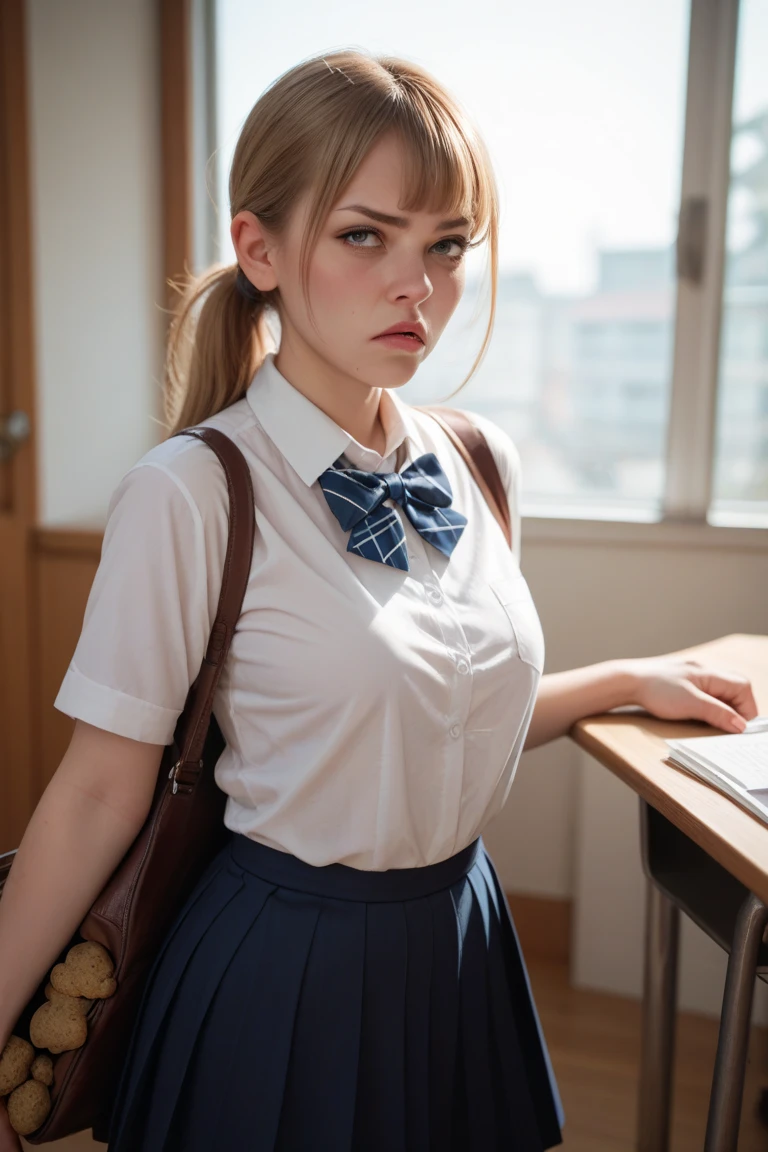 Emma Watson (wearing a sexy ultra-short school outfit), with long stockings, (blue tie), ultra-short skirt, sitting on a chair, (big breasts, no bra), (hair with two pigtails), smiling at the camera, (Masterpiece, best quality, photorealistic, highres, photography, :1.3)