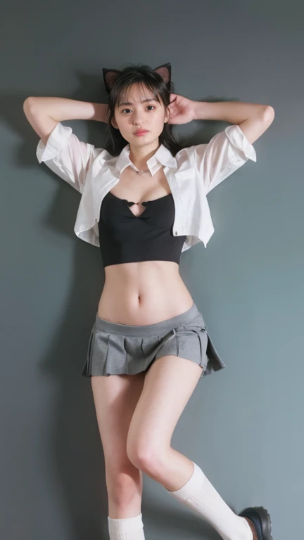 nsfw,Cute Japan high school girl,((leather mini skirt))、White shirt with front opening、small breast,trained abs、Leaner figure、Cowboy Shot、sleepy、Twin tails、festival in summer、Live Performance Venues、underboob,groin is visible,earrings,necklace,bracelet,offsholder,navel is visible,bangs,belt,cat ear,