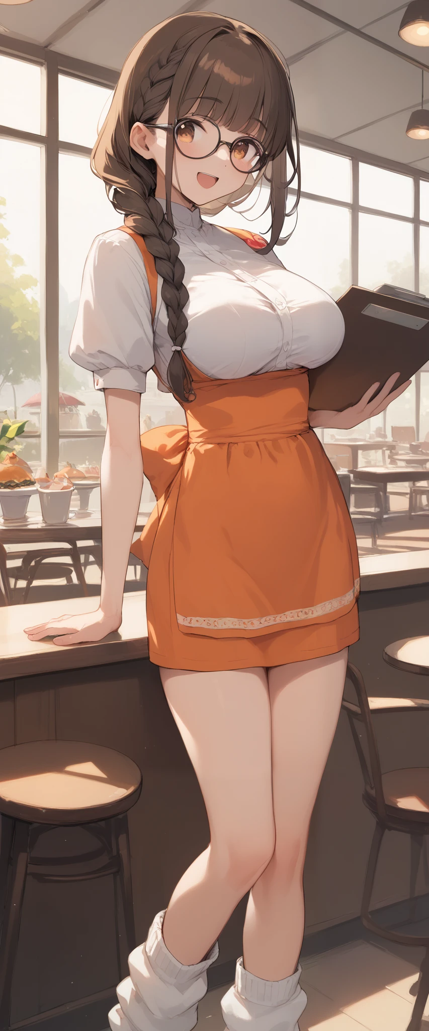 masterpiece, best quality, ultra detailed 8k, fantastic atmosphere, (perfect fingers, perfect hands), (cute girl with one braid), (dark brown hair, (low ponytail, one braid), braid with white ribbon), yo, light brown eyes, droopy eyes, glasses, smile, open mouth, large breasts, large buttocks, standing, holding a tray,
BREAK
(waitress, white blouse, orange tight mini skirt, orange apron, white loose socks, white sneaker), at the american style restaurant