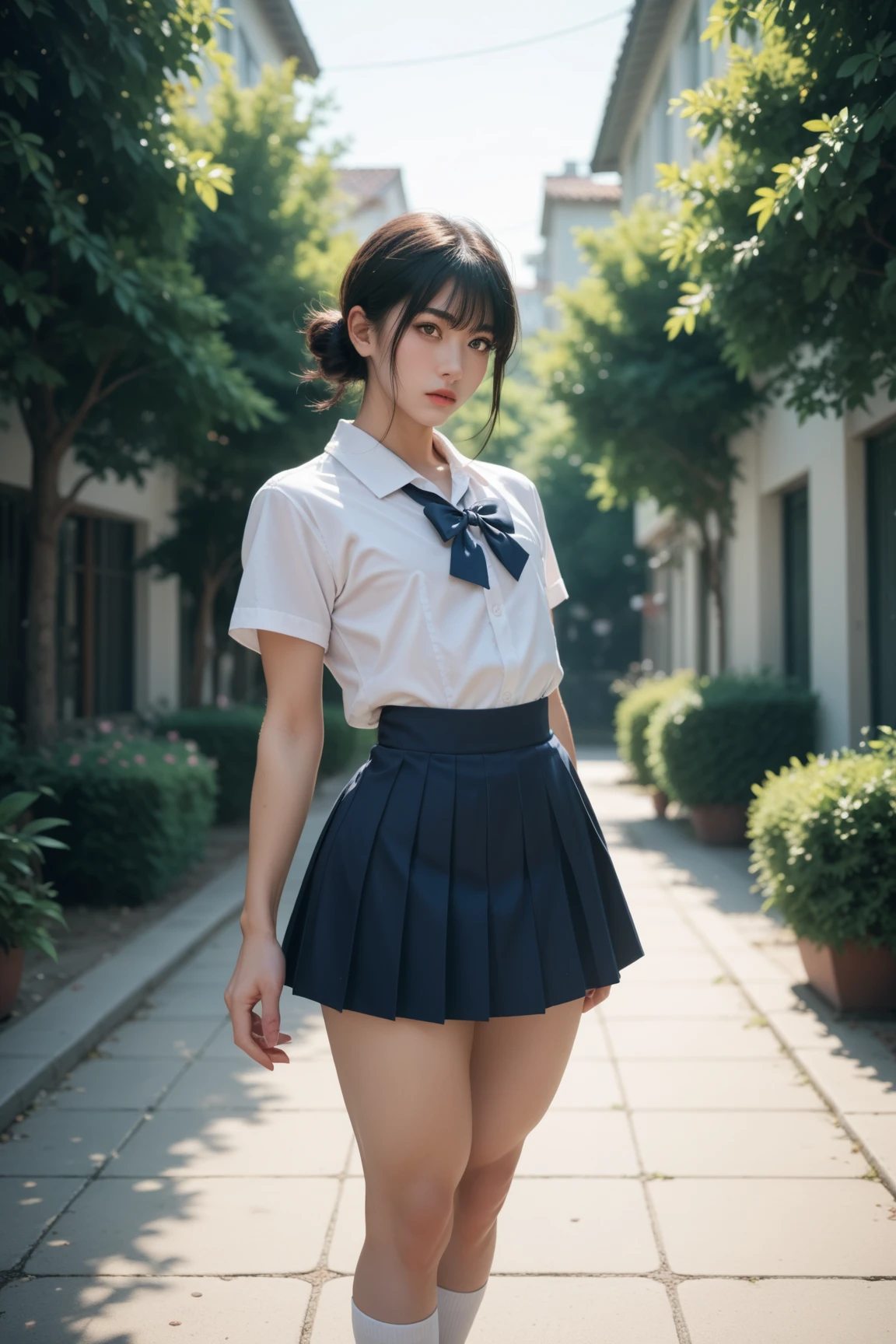  femboy, trap,  one boy , Male physique,   tall ,   facing the front,  standing,  good style ,curvilinear,  skirt, Rin々 with dark eyes, Long black hair,   Wide Hips,  high school girl uniform 