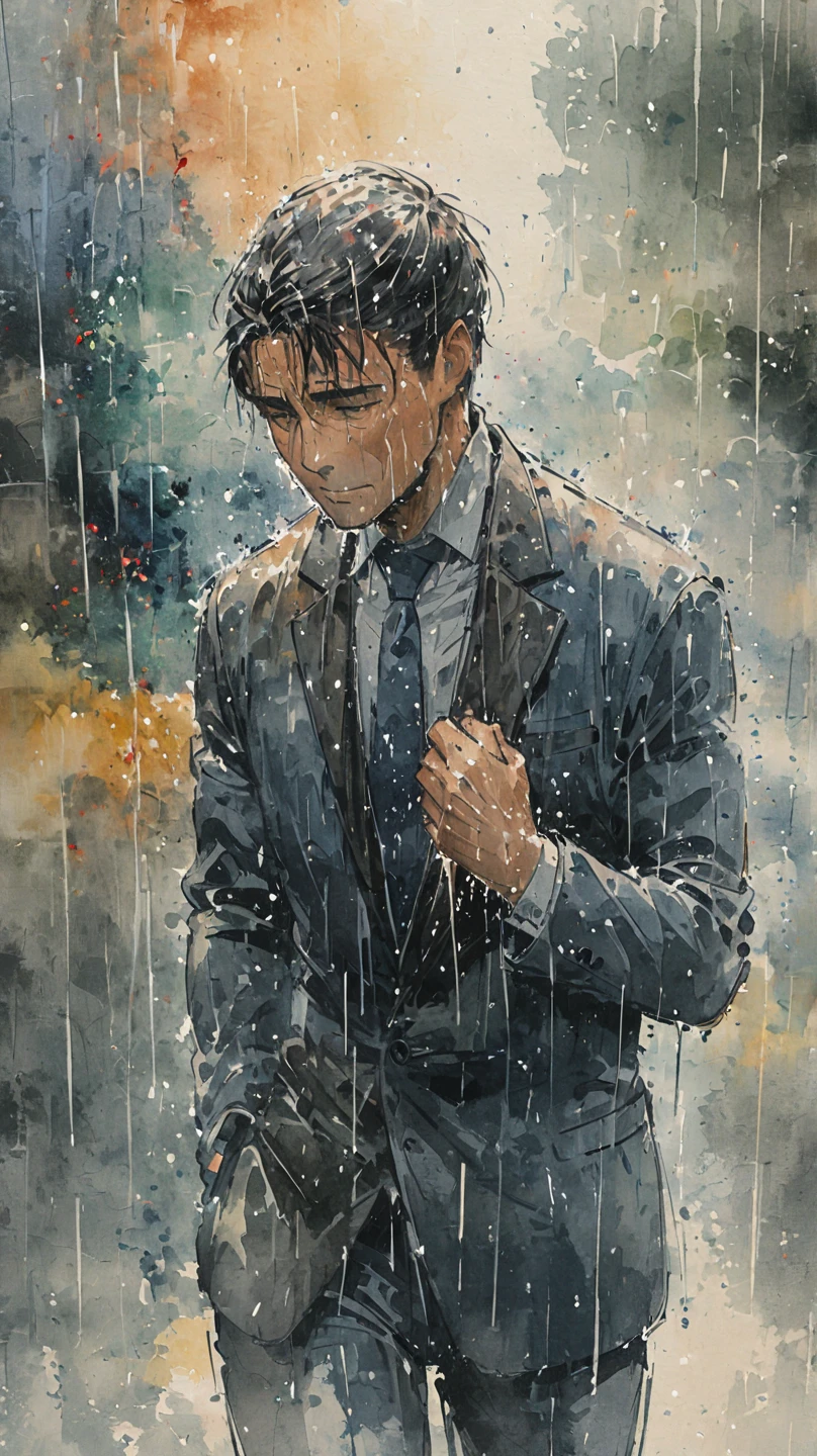 watercolor painting of a man in suit in the rain. full body shot of the man who is soaked under the rain. he tilts his head up to face the rain, the rainwater flows down his face. he is walking in the street, holding his hands out to feel the rain. watercolor brushes stroke painting style. the sky is dark.