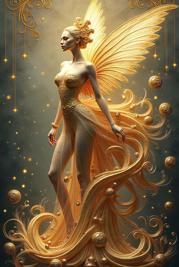Gracefully flowing creature, his celestial origins are evident in his delicate form and shimmering translucent skin.... The image is a stunning digital painting..., creature demonstration'fine features and radiance. Her body, resembling a mixture of half-fish with a tail and half-beautiful human woman from navel to head, Dressed in clothes, it is a mixture of jellyfish and golden rose., radiated an enchanting glow, emitting otherworldly light. Its elongated antennae twist and turn..., giving the impression of graceful movements, Frozen in time. Intricate details and vibrant colors bring this celestial creature to life..., inviting viewers to explore his mysterious existence.