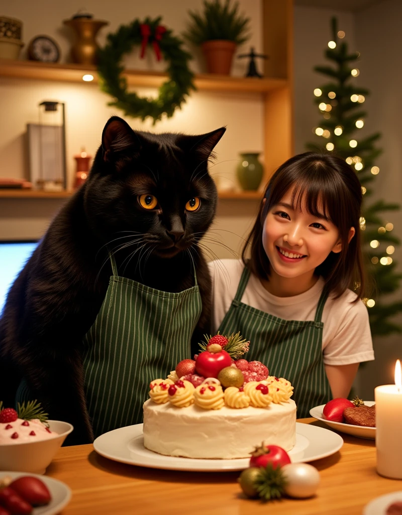 ultra-realistic, photorealistic, dramatic scene, shadow, global-illumination, (the human-like very large black chubby cat with vertical striped green apron is holding a gorgeously decorated Christmas cake at the dining table in the stylish Japanese apartment room), (A beautiful with cute Japanese 20 years old girl is looking at the cake), (20 years old girl with shoulder-length brown ponytail hair is showing big smile), the girl looks so happy, many kind of gorgeous food for Christmas dinner are on the table, a TV and table and shelf are in the room, gorgeously decorated with Christmas decorations