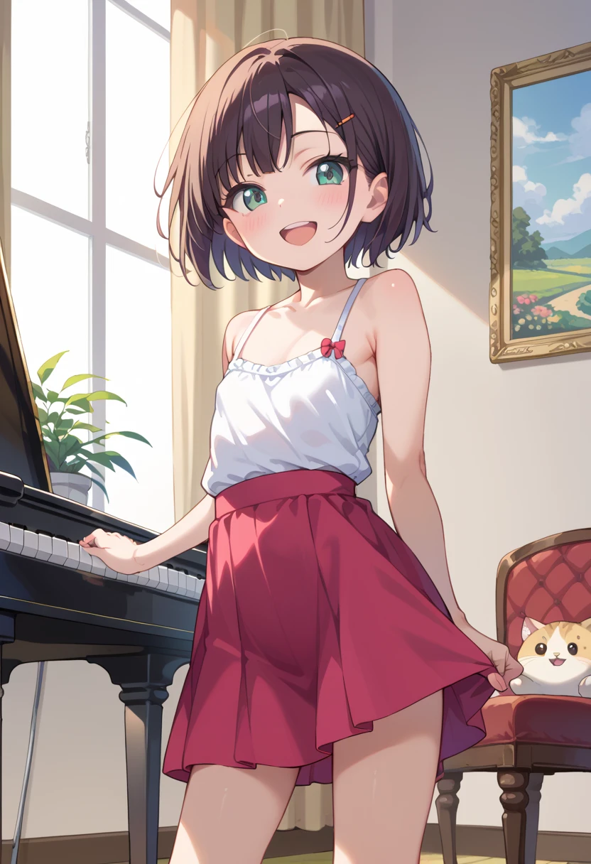 (( top quality )), ((masterpiece)), (be familiar with),  perfect face, indoor, bedroom,  Watching Viewers ,
One woman, Mikazuki Kan,
 open mouth,  ecstatic expression beside the piano, blush, smile,
 small ,  flat chest, Young girl, Lori,  kids,  girl,
Short Hair,  Shorthair,
Leg spread,