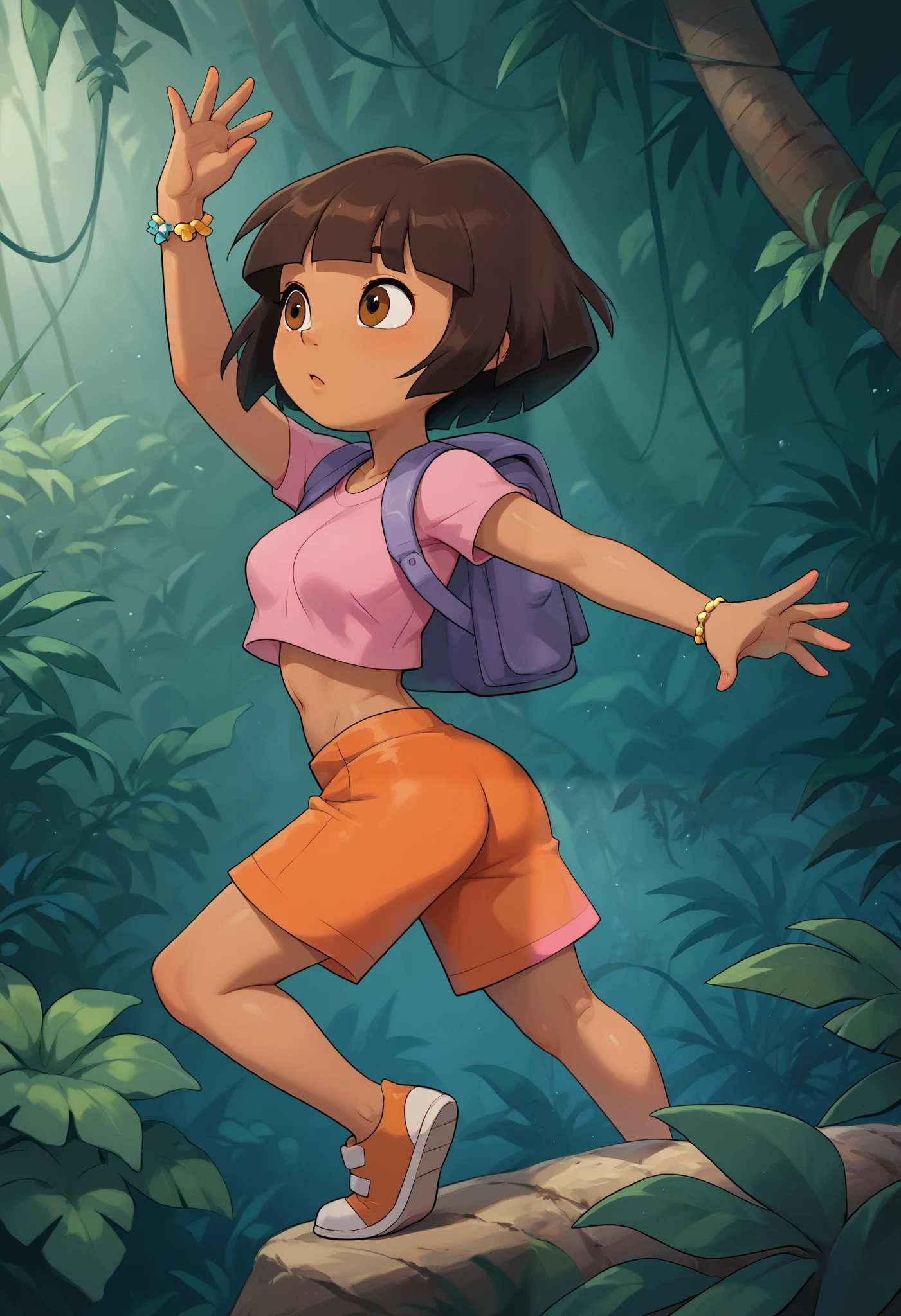 solo, From behind, cute, medium breasts, Dora, looking away, brown eyes, in a jungle outdoors, dark-skinned female, bob cut, (pink shirt), crop top, bare midriff, loose shirt, (orange shorts), bracelet, backpack, (slender athletic body), dynamic pose
