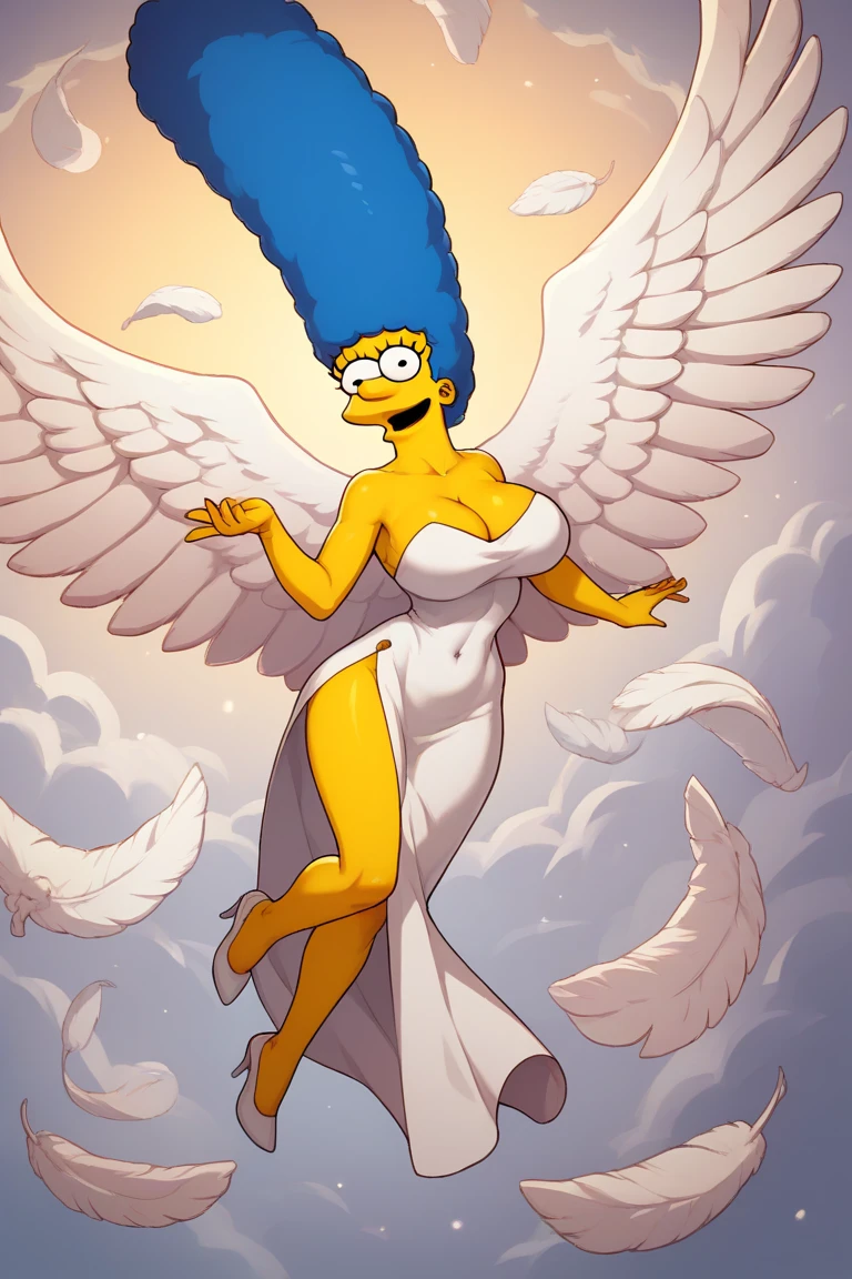 Marge Simpson very beautiful smiling with a super sexy body ((big breasts)) blue hair, with An angel wearing a provocative outfit that includes a short, tight white dress with lace and feather details. She wears large, white wings, and high heels that accentuate her figure. The scene is set in a heavenly environment, with clouds and golden light in the background, highlighting the combination of innocence and sensuality in the outfit, creating an ethereal and captivating effect.