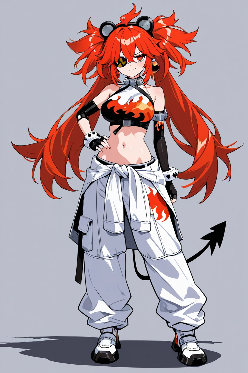 masterpiece, best quality, 1girl, solo, 21 year old model, eyelashes, (beautiful eyes),     ,,,large breasts,  koleda belobog, eyepatch, red eyes, red hair, twintails, fake animal ears, flame print, midriff, white jumpsuit, jumpsuit around waist, fingerless gloves,  cowboy shot, hand on hip, smug, smile, looking at viewer, shiny skin,full body , full body art , teenage girl