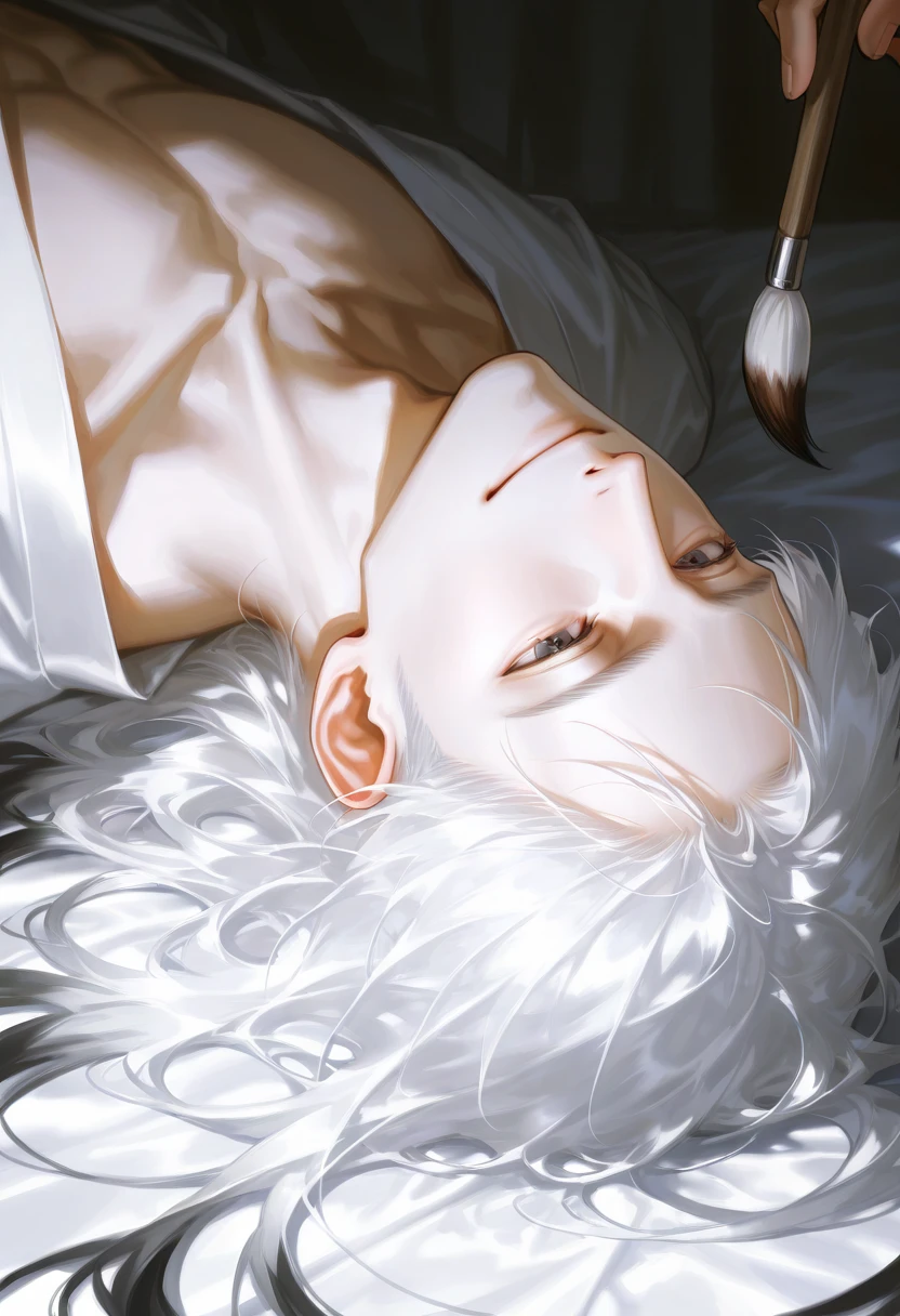 (score_9, score_8_up), score_7_up,(score_9, score_8_up), score_7_up, adult male, long hair, white hair, 1boy, dark eyes, smiling softly, upper body, male focus, lying, focus, chest, out of frame, reality Semi-Realistic Art, Semi-Realistic Artstyle,detailed art style, expressive brush strokes, vibrant brush strokes, impressionist painting,semi-realism, semi-realistic, detailed features, defined features, masculine features, attractive face, semi-anime style, semi-realistic style, detailed art style, detailed style, dark tones