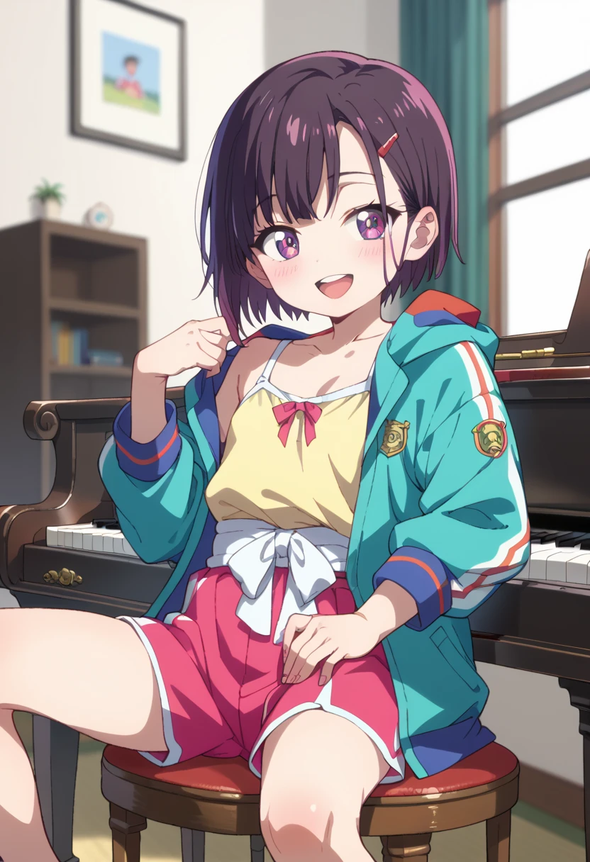 (( top quality )), ((masterpiece)), (be familiar with),  perfect face, indoor, bedroom,  Watching Viewers ,
One woman, Mikazuki Kan,
 open mouth,  ecstatic expression beside the piano, blush, smile,
 small ,  flat chest, Young girl, Lori,  kids,  girl,
Short Hair,  Shorthair,
Leg spread,