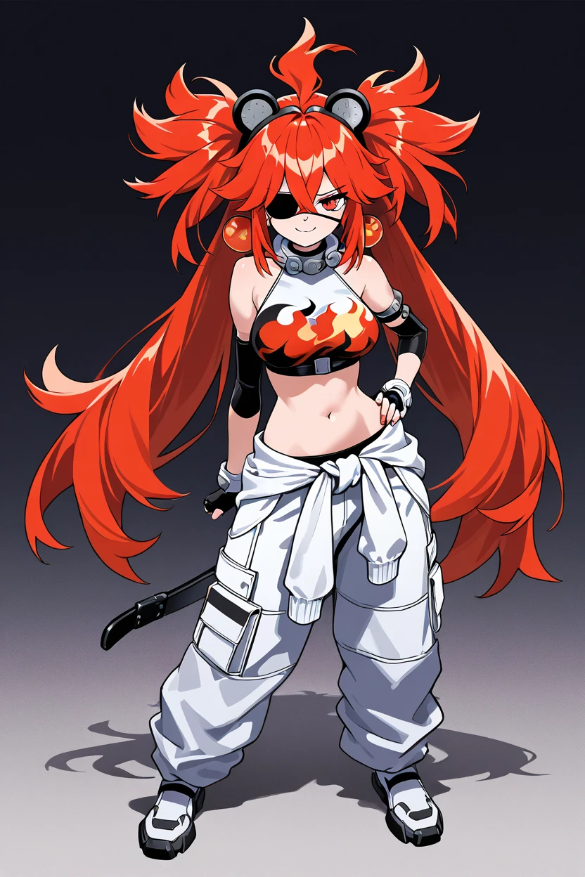 masterpiece, best quality, 1girl, solo, 21 year old model, eyelashes, (beautiful eyes),     ,,,large breasts,  koleda belobog, eyepatch, red eyes, red hair, twintails, fake animal ears, flame print, midriff, white jumpsuit, jumpsuit around waist, fingerless gloves,  cowboy shot, hand on hip, smug, smile, looking at viewer, shiny skin,full body , full body art , young girl