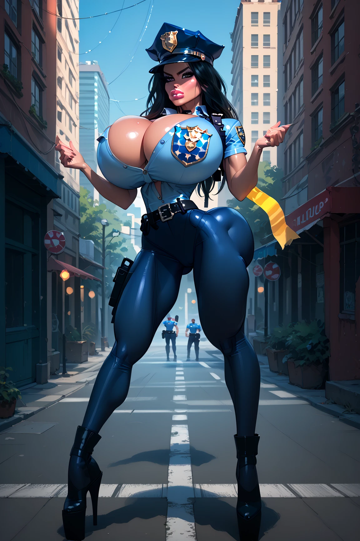 curvy woman,  oily black skin , beautiful face , angry,  police outfit, Black miniskirt,  huge breasts , tight breasts, long breasts, thick breasts,  tiny waist ,  small hips ,  slender legs ,  long legs ,  Realistic style ,  masterpiece,  Precise,  High Details , quality,  textured skin , 