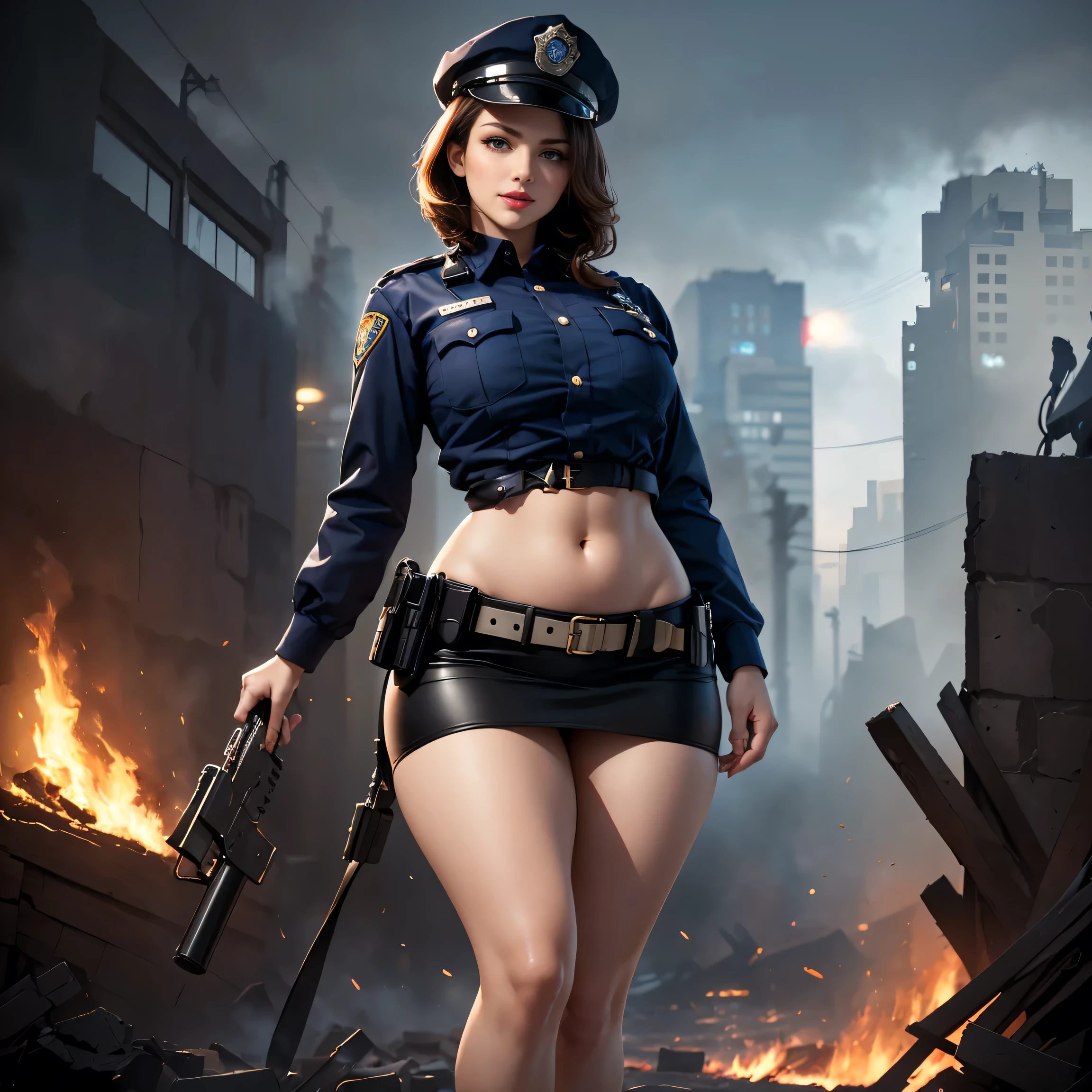 A girl standing on the ground with a bikini and black military hat, a broken street, blue and grey atmosphere, wet environment, cloudy day, (best quality,4k,8k,highres,masterpiece:1.2), dynamic, broken buildings, ultra-detailed, realistic:1.37, professional, HDR, dark background, sharp focus,