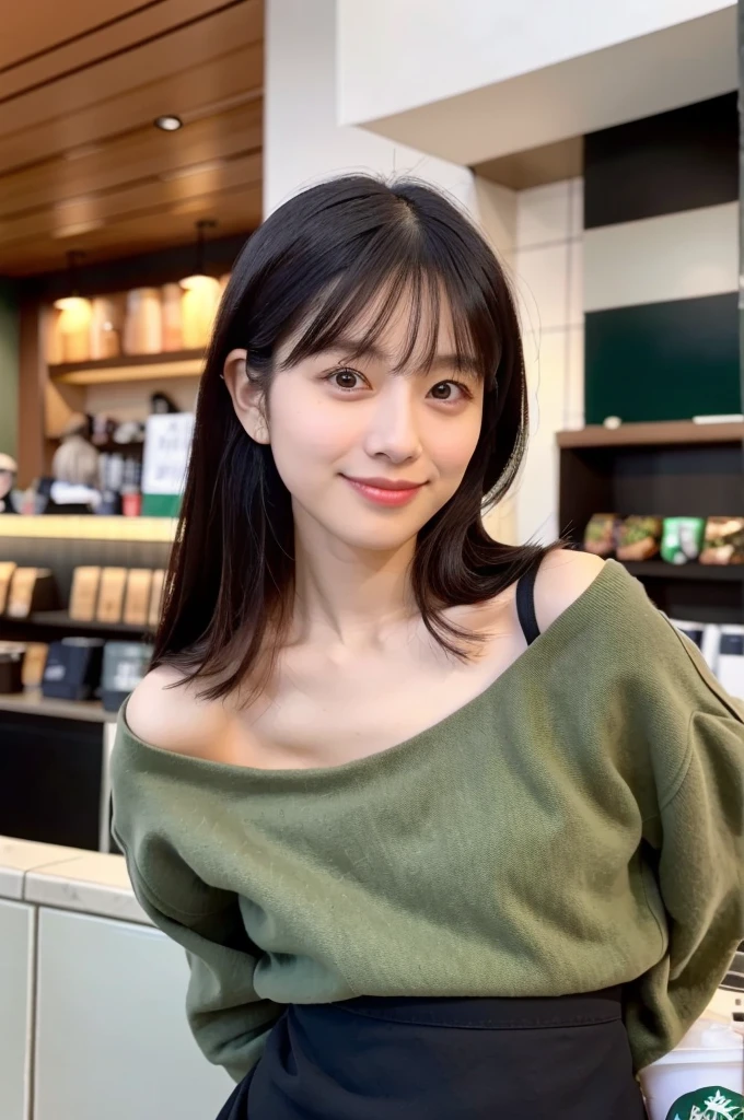 (masterpiece, best quality, perfect anatomy, highres, 8k, realistic, photorealistic, natural skin texture, no makeup:1.2), (afternoon:1.5), 1girl, solo, Japanese, age20, female fashionable university student, very cute, (large breasts:1.4), (standing at a Starbucks counter:1.5), (She smiles devilishly), (She seductively pulls her coat gently down over one shoulder), she wants to have sex with her boyfriend, Her mini skirt and beret add to her chic autumn outfit, Her straight, shoulder-length hair frames her face as she looks toward the camera with a soft, inviting gaze, A modern café interior with clean lines and warm tones, vertical composition, jp idol, inugao