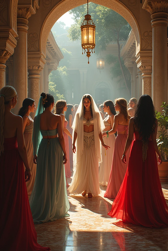 photorealism:1.2), 12 beautiful harem girls, sexy slim perferct bodies, big size sexy round breasts, big size sexy round asses, wearing see through sexy pink harem girls sexy see through small super sexy lingerie, sexy nude, and super sexys g-string v-shaped thongs, blonde straight hair, indoors in a well lit pink harem room, the sign reads "Harem del Sultán" on the wall, realistic, intricate details, high resolution, masterpiece, highly detailed, practicing their sexy Arabic dance moves