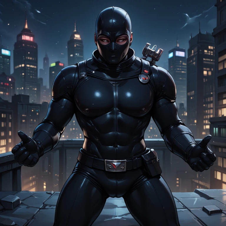 A black leather full-body image 、and a hood, Close-up of a hooded person in invisible armor . wears leather armor, Tights.epic ninja suit, Rogue.Leather fit to cover the whole body. smooth leather .Boy Teenage Assassin , stealth suit , Cyberpunk assassin , Squat down on the roof of a skyscraper.Handheld composite mechanical giant bow . black night . Dark atmosphere .Low light.Weak lights cast dramatic shadows. Weird cyberpunk atmosphere . cyberpunk city.Futuristic tech style.
Big crotch bag.collar