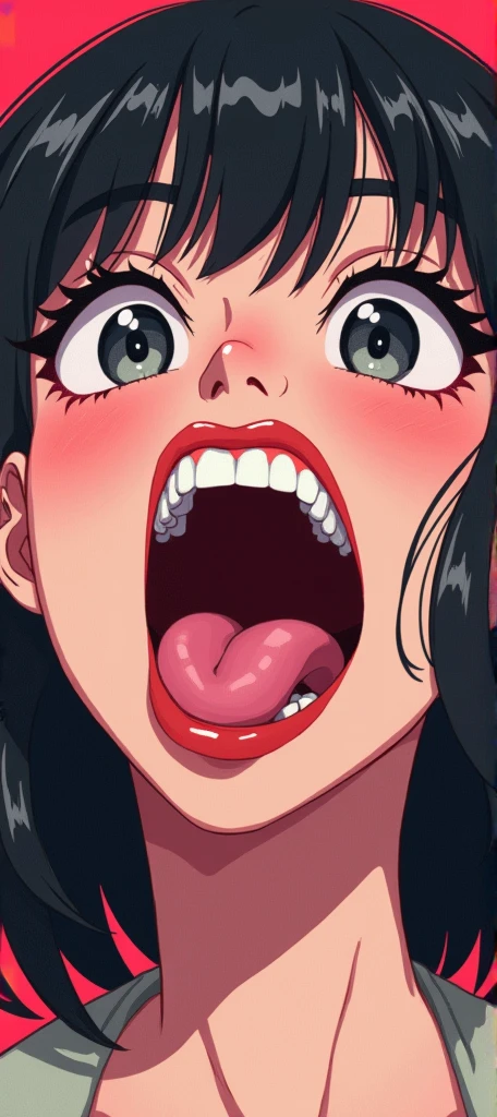 (obra maestra, mejor calidad), 1chica, deslumbrante, face, open mouth, uvula, mouth, tongue, tongue out, nicorobin, long hair, black hair, blue eyes