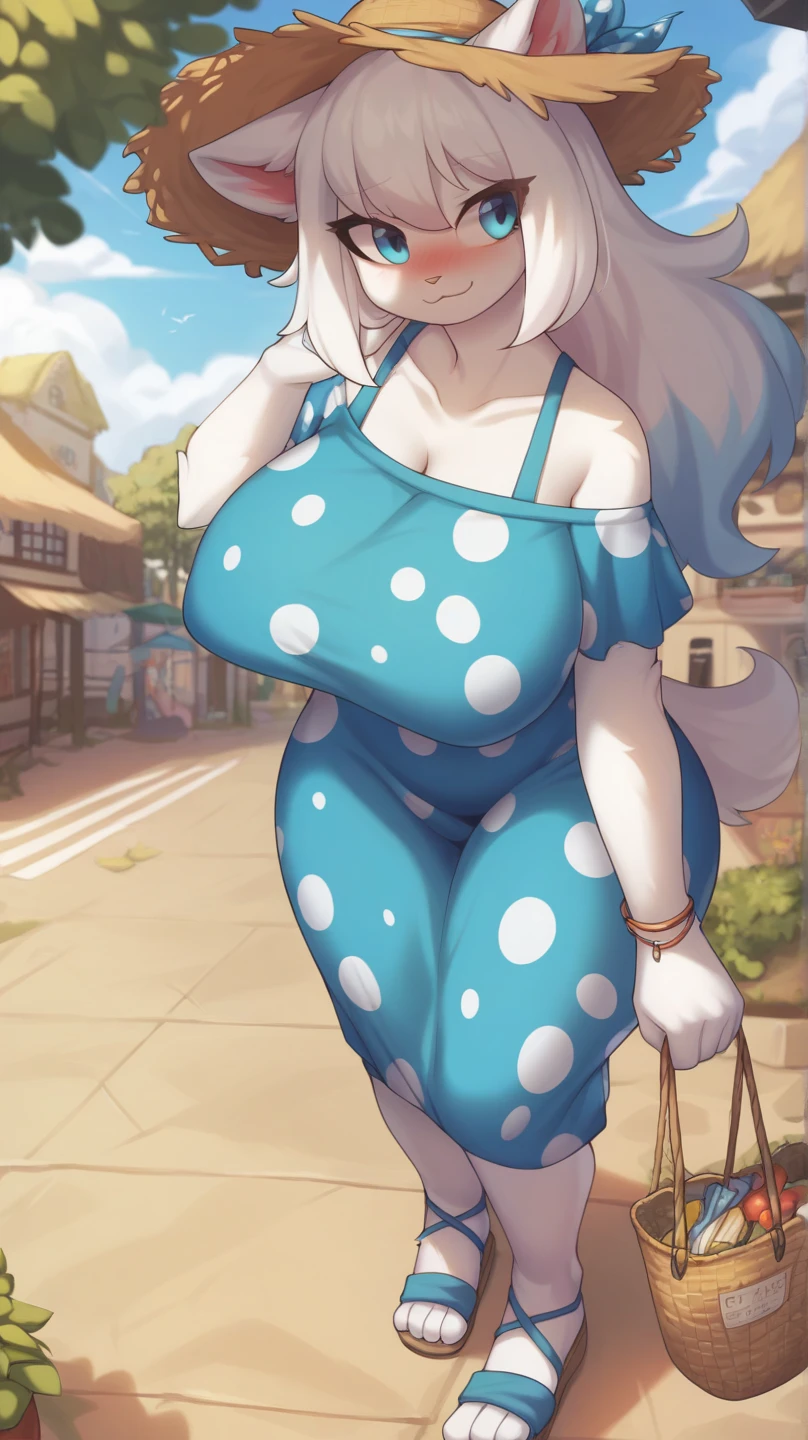 score_9, score_8_up, score_7_up, from author: Zinfyu, 
 Anropomorphic furry female cat,  blue eyes , white fur, white body,  long white hair ,  huge breasts , (thick hips 1 .3),  wearing a blue polka dot summer dress,  straw hat , Spanish village ,  outdoor , sunny laziness , , a sweet smile , blush, blue sandals 