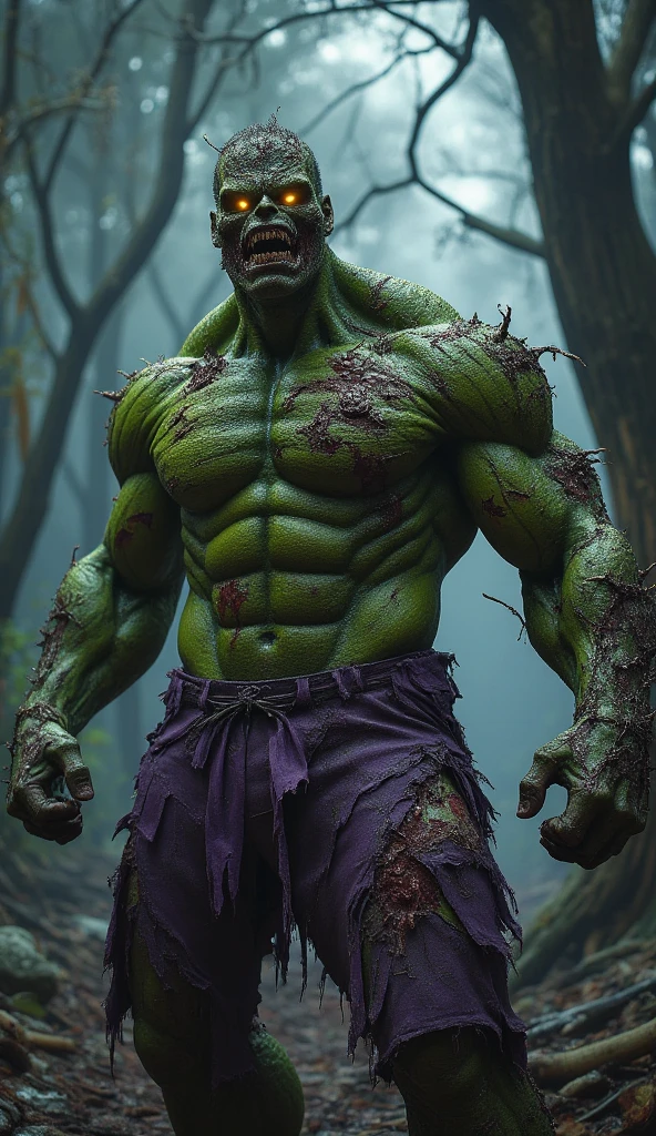 undefined, undefined, undefined, undefined, "A monstrous zombie version of Hulk, his green skin decayed and peeling, revealing bones and rotting muscles beneath. His glowing yellow zombie eyes radiate anger, and his shredded purple pants are soaked in blood. The background is a dark forest with uprooted trees, shattered rocks, and a heavy mist hanging in the air."