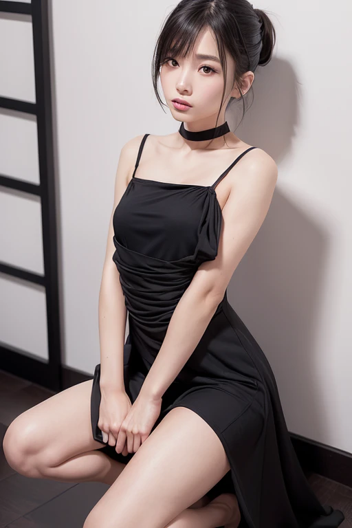 You are a professional photographer。Highest quality, masterpiece, Ultra-high resolution, (Realistic), Sit down and spread your legs、RAW Photos, Japanese Idols、Bob Hair、Whole Body Ezbian、choker、Highly detailed face and skin texture, Delicate eyes, double eyelid
