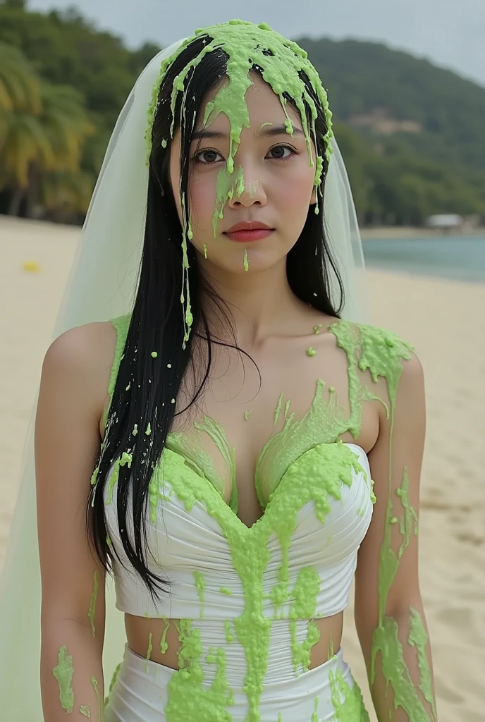 Wedding photograph. Korean teen covered in green water. Photorealistic. Wet liquid. Nasty slime. Raw photo. Wearing white wedding dress. Wearing wedding veil. Cleavage. outside tropical beach. Green Slime. Dripping green goo. 18 years old. Wet green liquid. Wedding photography. Korean girl. (Korean teen girl: 1.1). Massive boobs. Black hair.