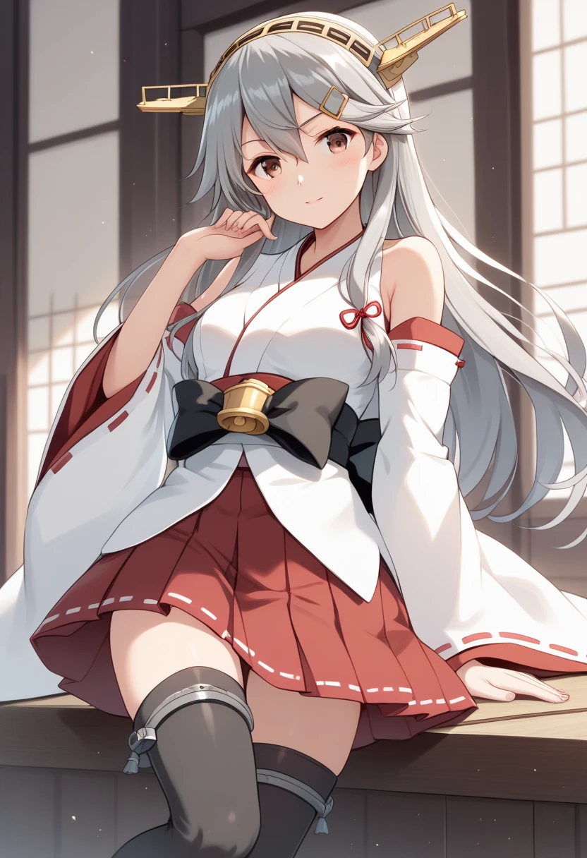 good quality,newest,huge filesize, masterpiece, best quality,ultra quality ,amazing quality,very aesthetic,absurdres, , 8k professional epic, ultra detailed, high resolution, 32k, break perfect hands, break perfect legs, harunakncKC,haruna (kancolle),gray hair,rolling big brown eyes, long hair, hair ornament,hairband, detached sleeves, japanese clothes, hairclip, black thighhighs, wide sleeves, red skirt, headgear, ribbon trim, nontraditional miko, ribbon-trimmed sleeves, haruna(kancolle),kancolle style, view from the side, 