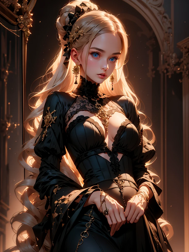 Fine illustration, ultra detailed, highres, from front, , elegant woman, elegant pose, black_dress, bodysuit, white_glistening long hair, beautiful woman, scenary world, detailed bodysuit with glittery decoration of dress, detailed embroidery, extremely layered frills, detailed texture, detailed pattern, room background,