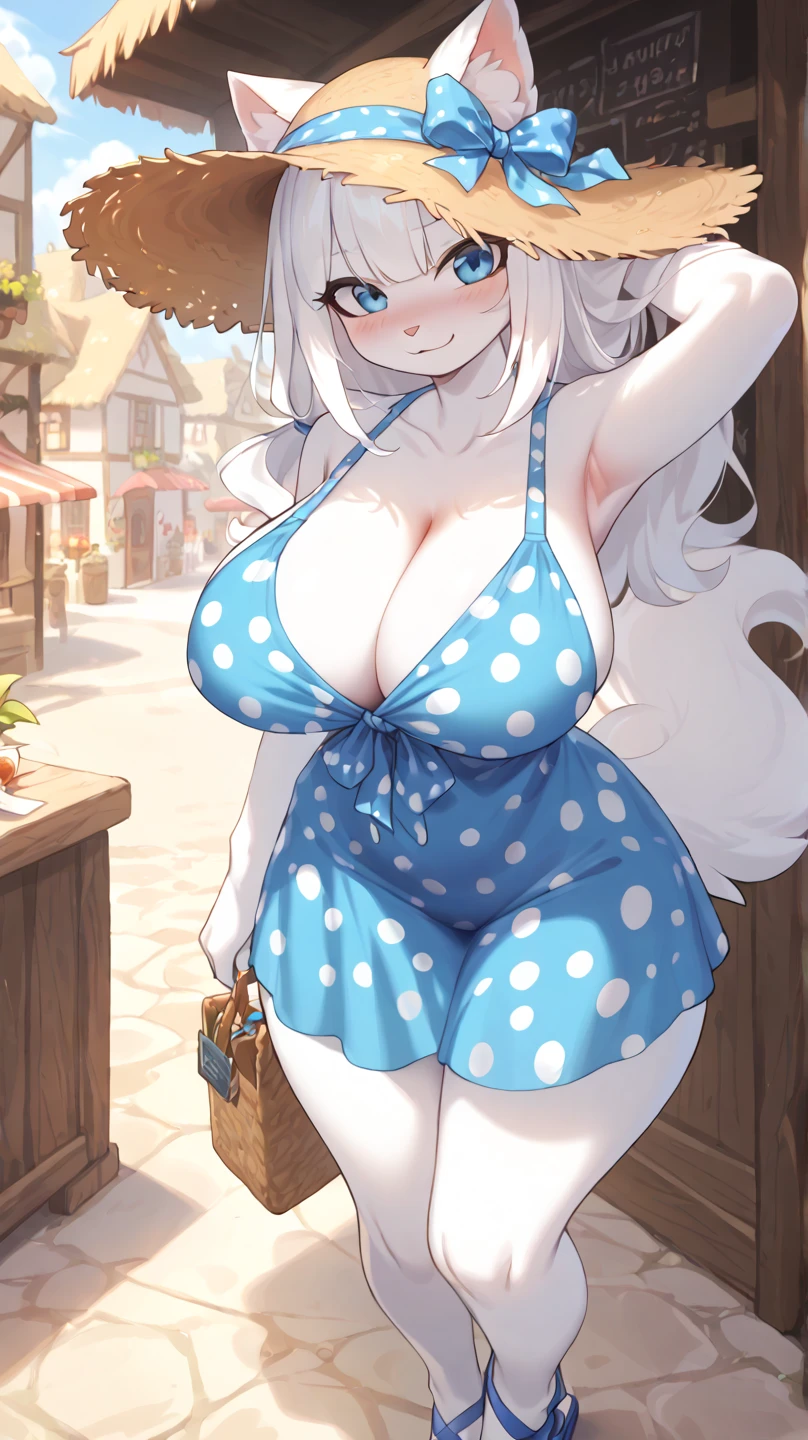 score_9, score_8_up, score_7_up, from author: Zinfyu, 
 Anropomorphic furry female cat,  blue eyes , white fur, white body,  long white hair ,  huge breasts , (thick hips 1 .3),  wearing a blue polka dot summer dress,  straw hat , Spanish village ,  outdoor ,  sunny day, , a sweet smile , blush, blue sandals 