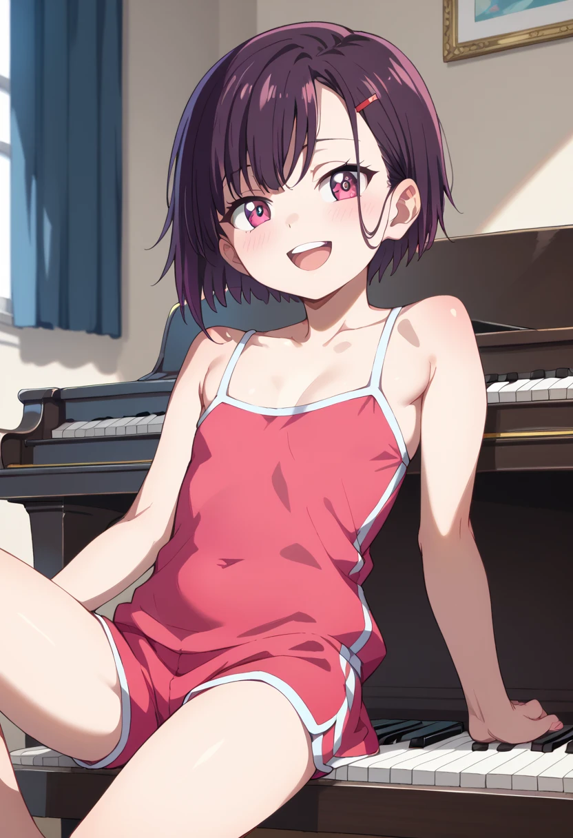 (( top quality )), ((masterpiece)), (be familiar with),  perfect face, indoor, bedroom,  Watching Viewers ,
One woman, Mikazuki Kan,
 open mouth,  ecstatic expression beside the piano, blush, smile,
 small ,  flat chest, Young girl, Lori,  kids,  girl,
Short Hair,  Shorthair,
Leg spread,