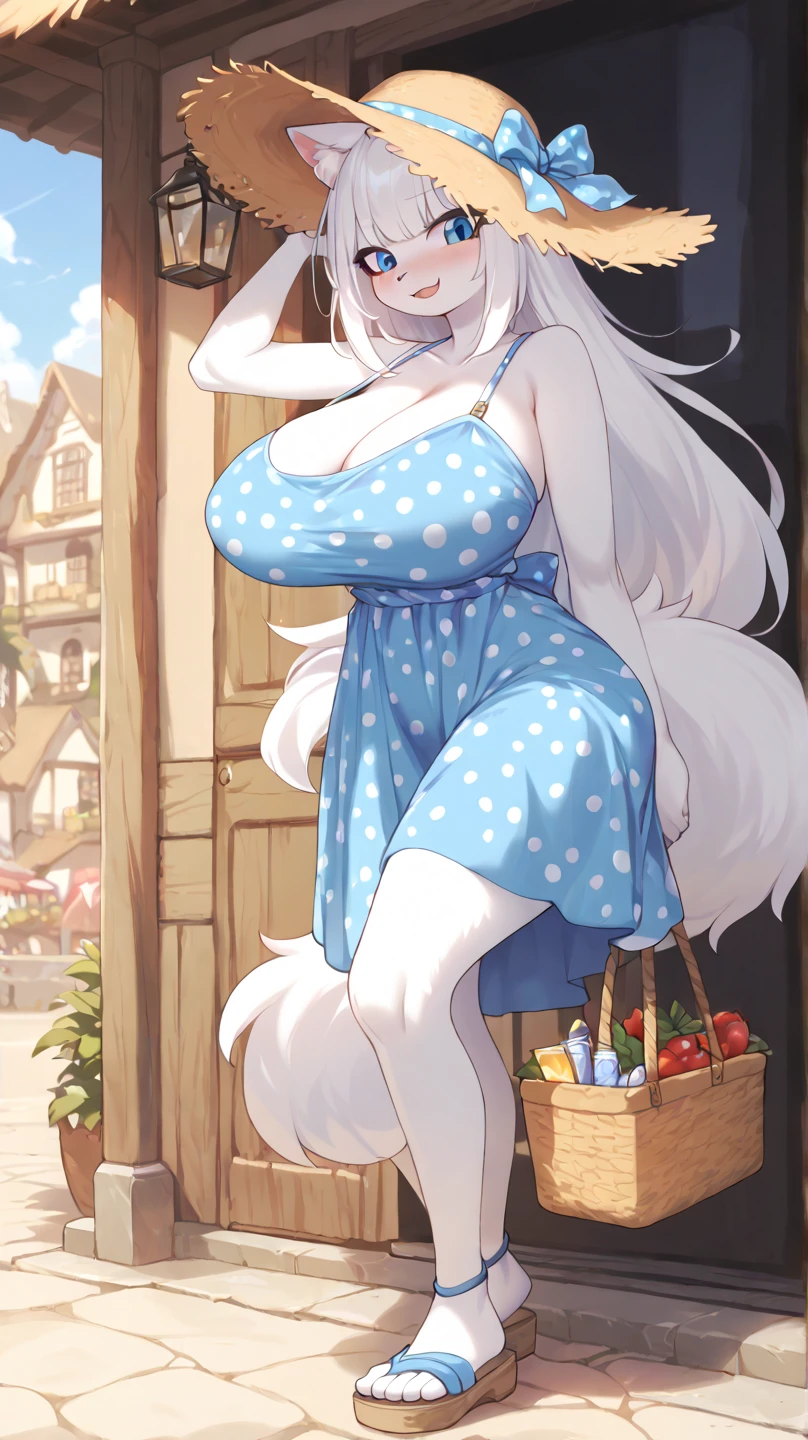 score_9, score_8_up, score_7_up, from the author: Zinfyu, 
  Anthropomorphic fluffy cat,   blue eyes  , white fur, white body,   long white hair  ,   huge breasts  , ( .3), blue polka dot sundress ,   straw hat  , Spanish village  ,   outdoor  ,   sunny day, , , a sweet smile . ,  style to blush, blue sandals 