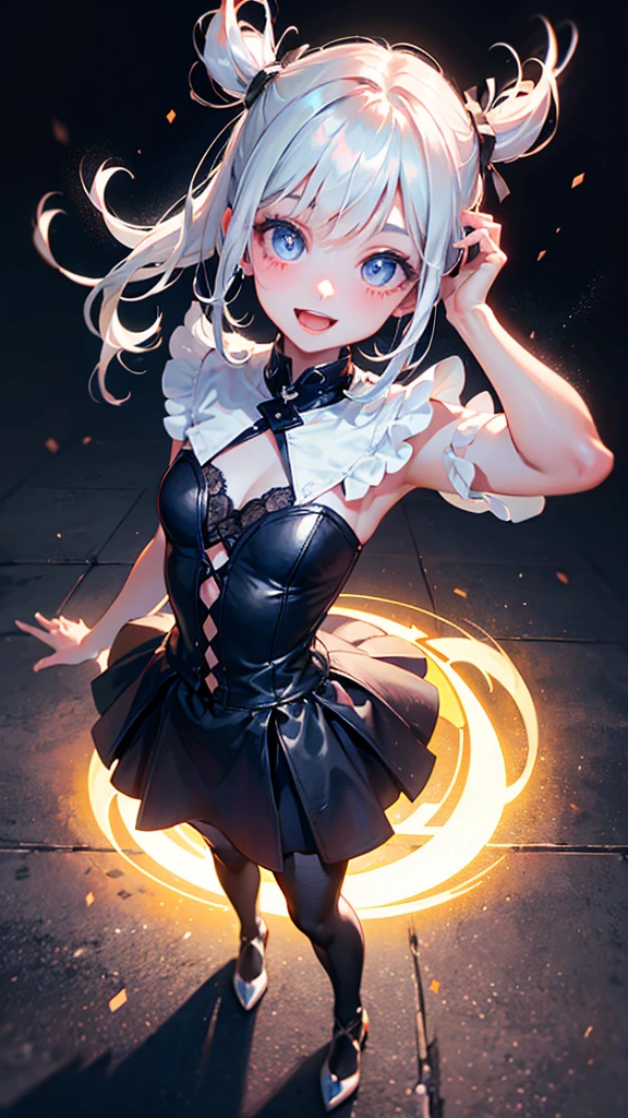 Silver hair, pink eyes, body, cat ears, sexy girl, earrings, flower background, orange uniform, hair bows, happy face, thigh up